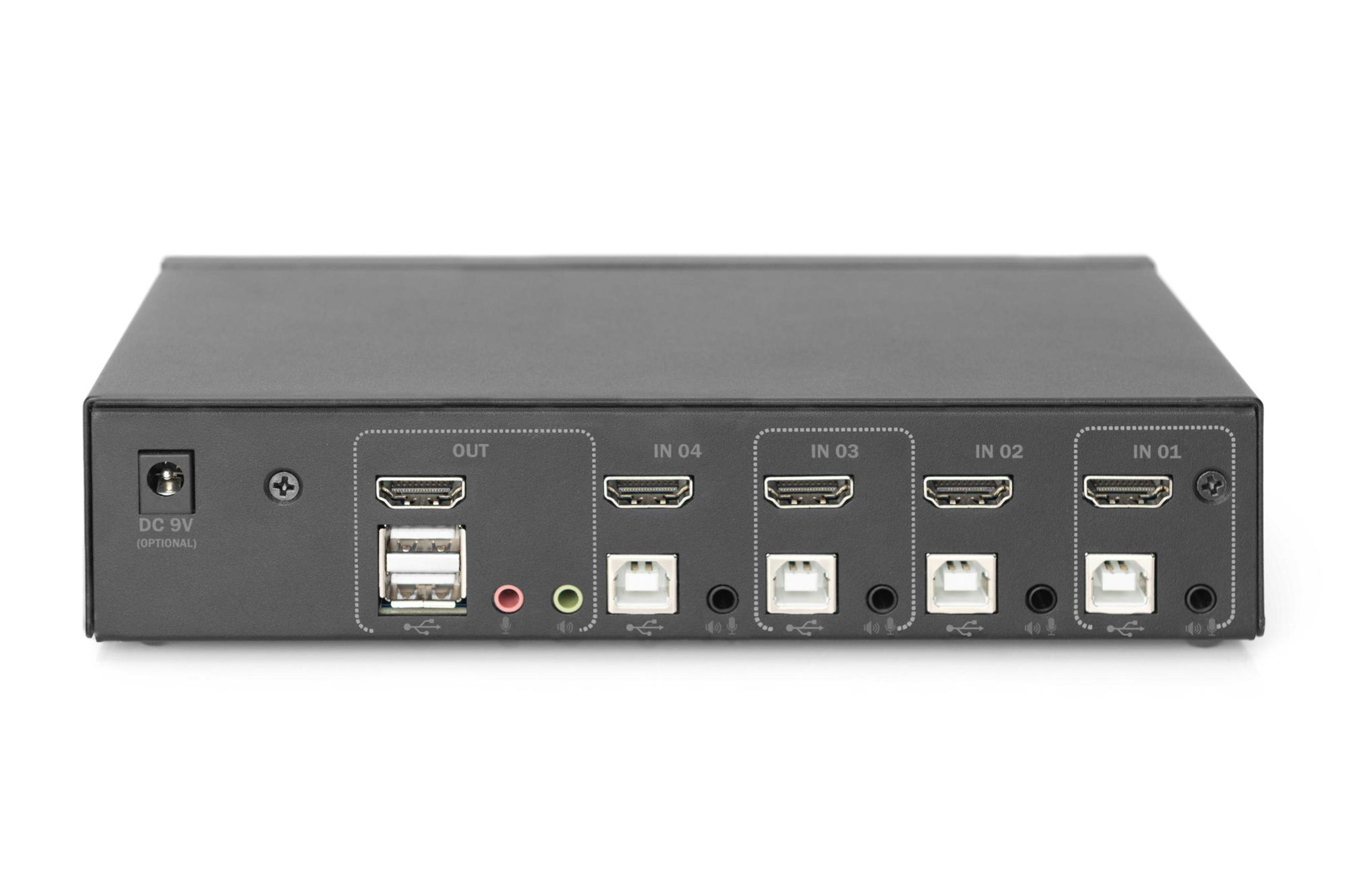 Vista posteriore di uno switch HDMI nero con più porte di ingresso e uscita.