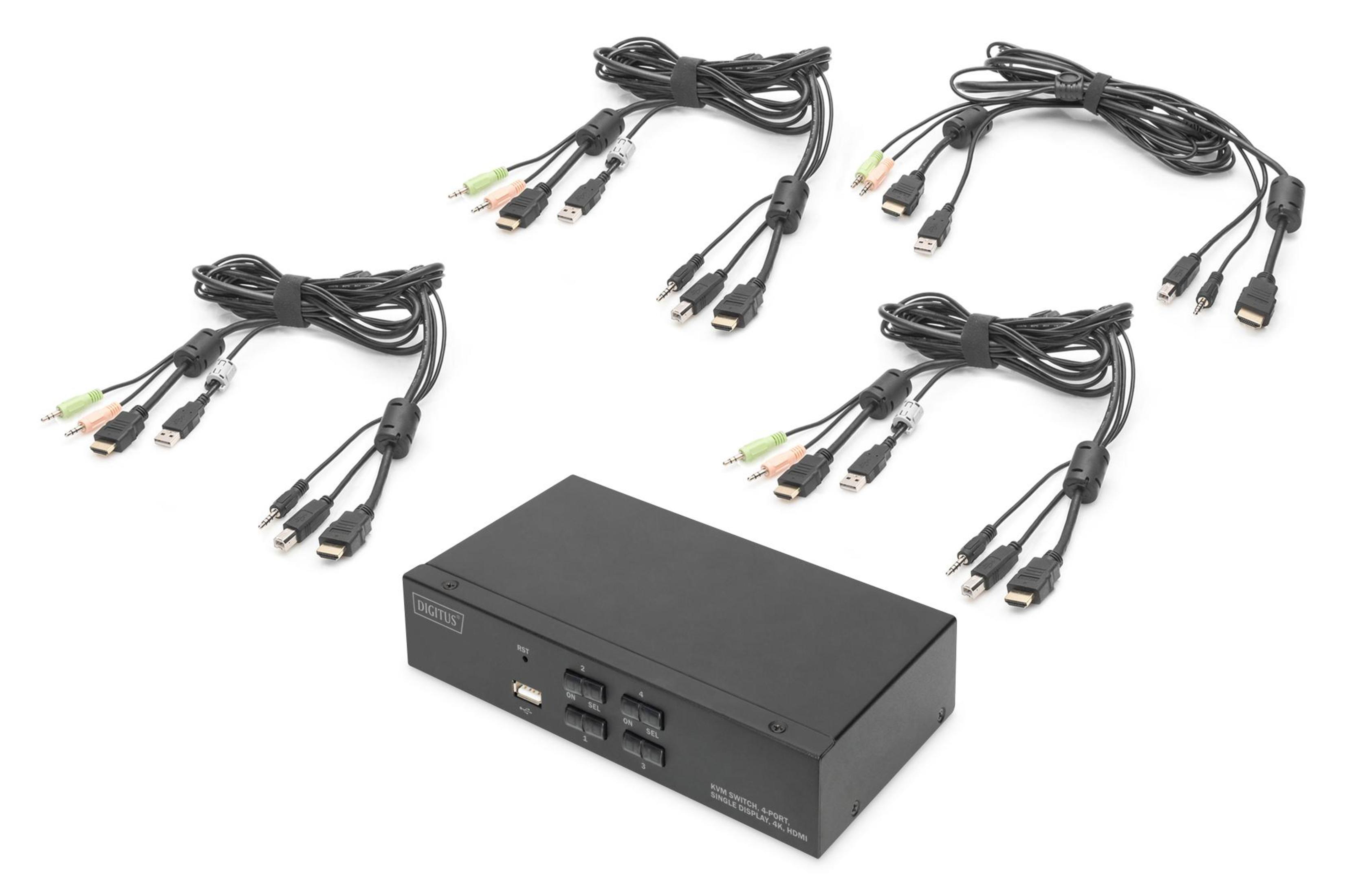 Switch HDMI nero con più cavi collegati, per audio, video e USB.