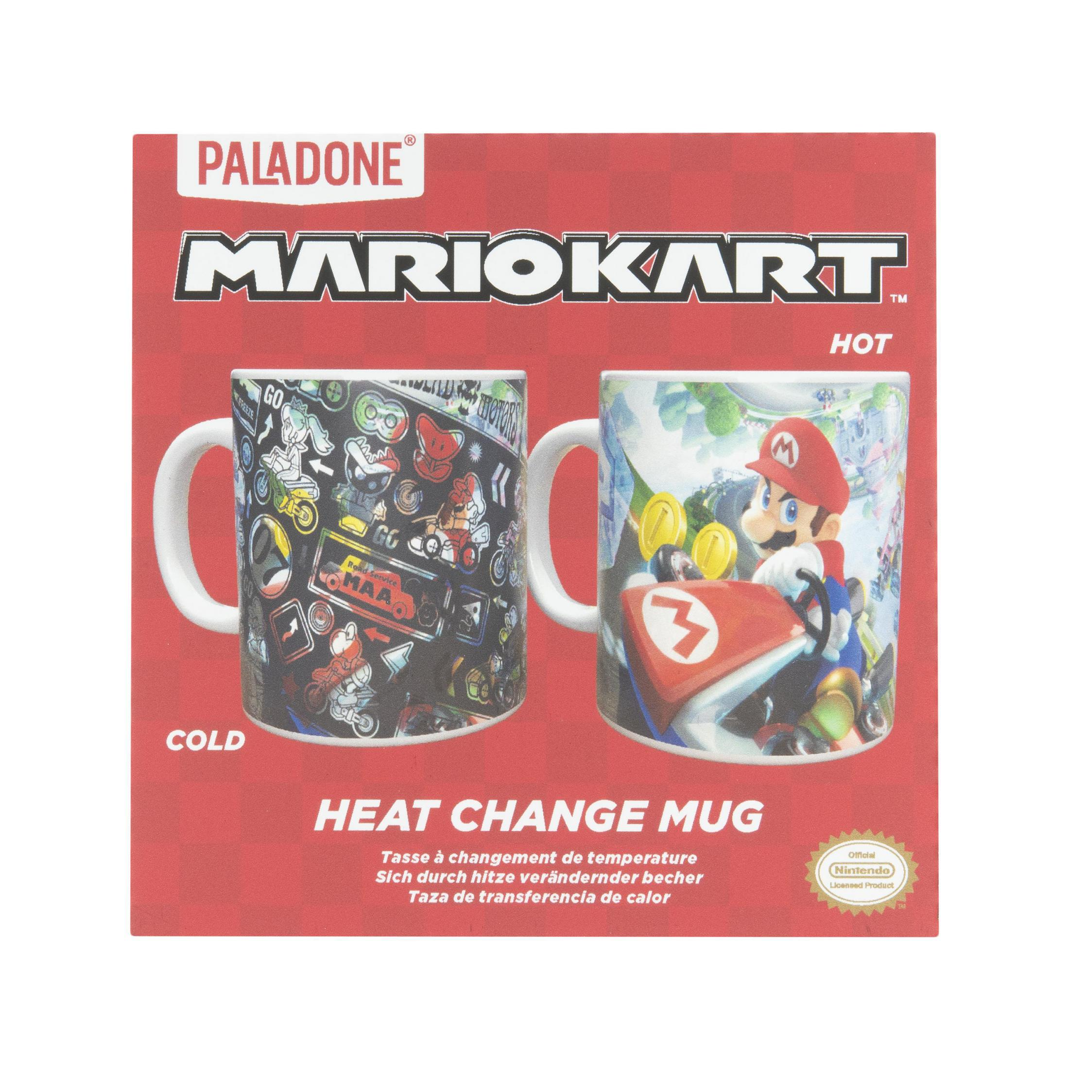 Mario Kart Wärme wechselnde Tassen, eine kalt und eine heiß. Zeigen Sie Mario und die Charaktere auf den Tassen.