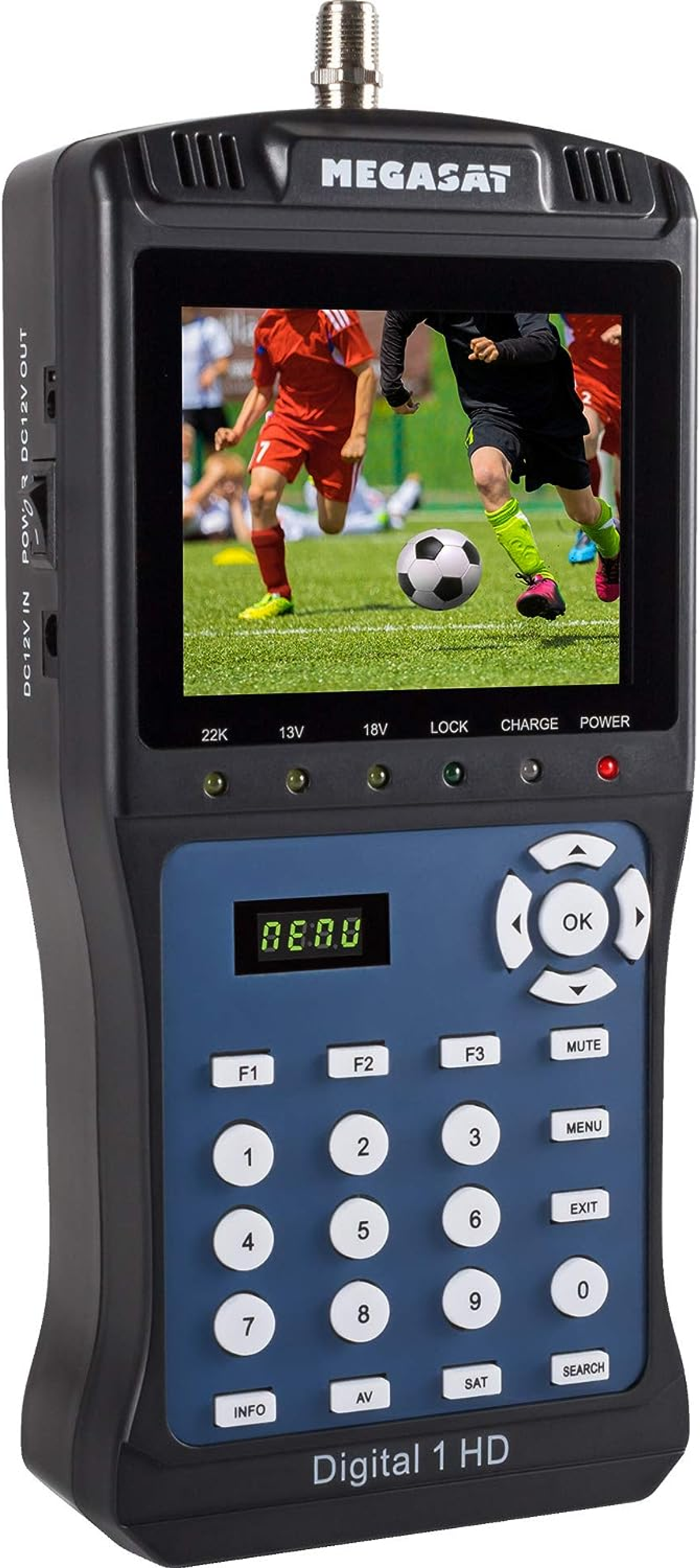 Schwarzes Handheld-Gerät mit Bildschirm, der ein Fußballspiel zeigt. Tasten unter dem Display und an der Seite.