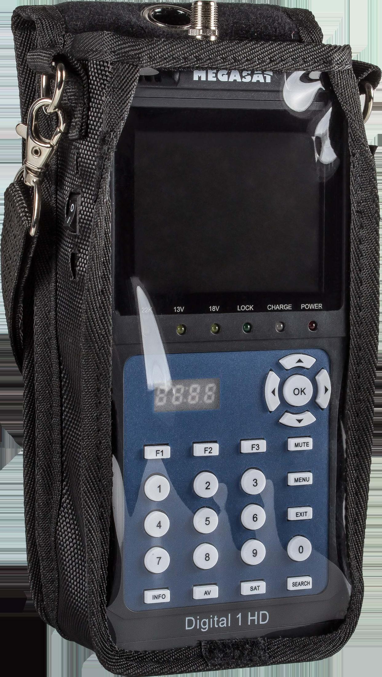 Ein schwarzes digitales Satellitenmessgerät in einer Tragetasche. Das Messgerät hat ein blaues Gesicht.