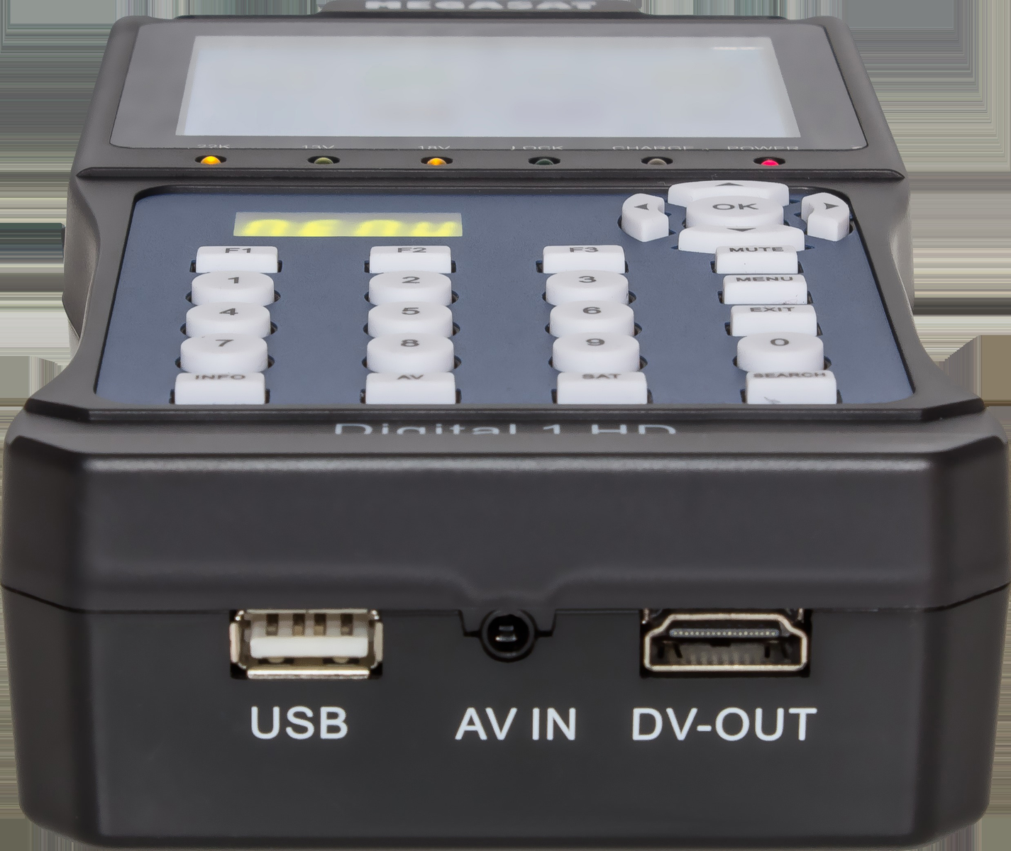 Schwarzes Gerät mit Knöpfen und einem Bildschirm. USB-, AV IN- und DV-OUT-Anschlüsse. Weißer Hintergrund.