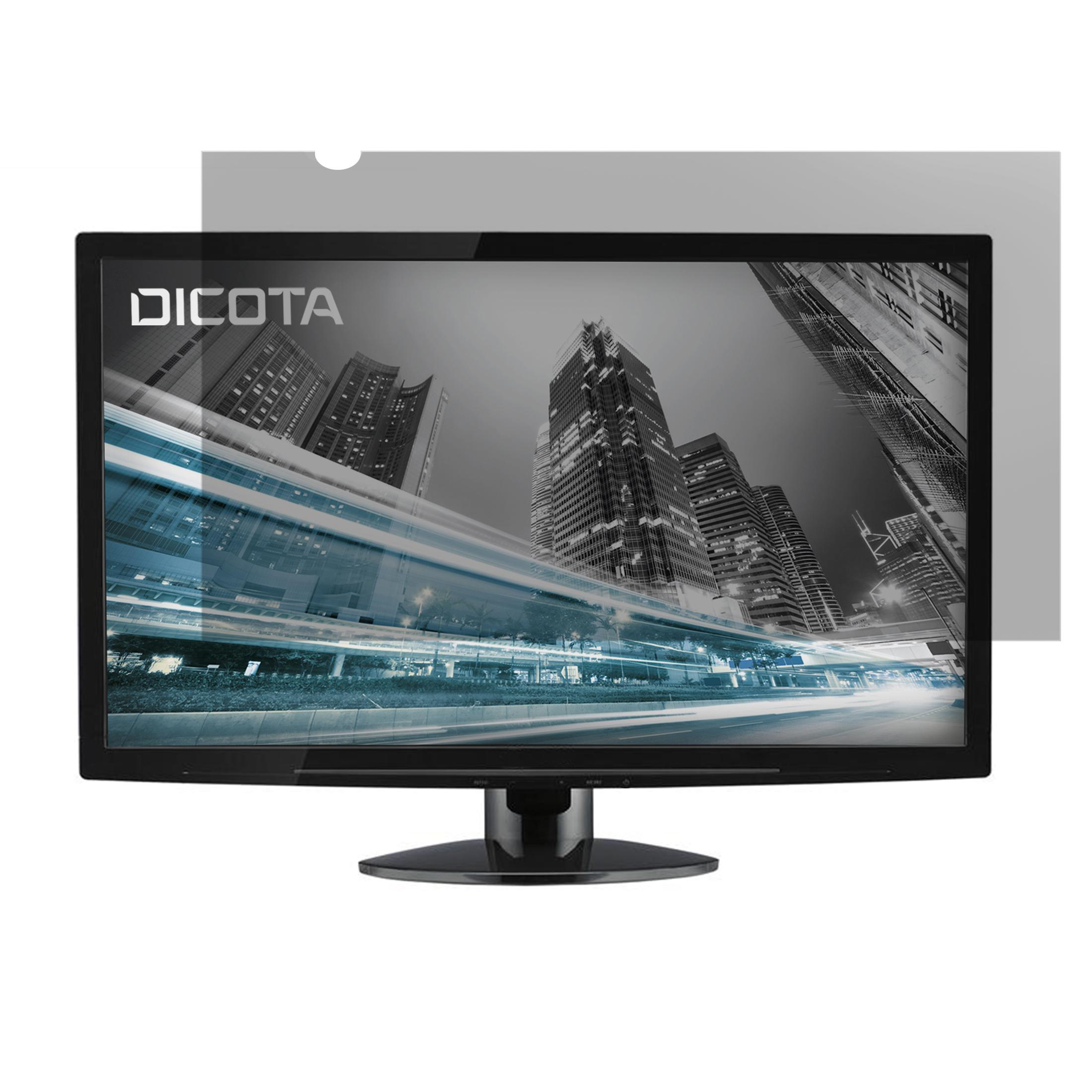 Monitor con protezione schermo, sfondo di paesaggio urbano. Il monitor mostra il logo DICOTA.