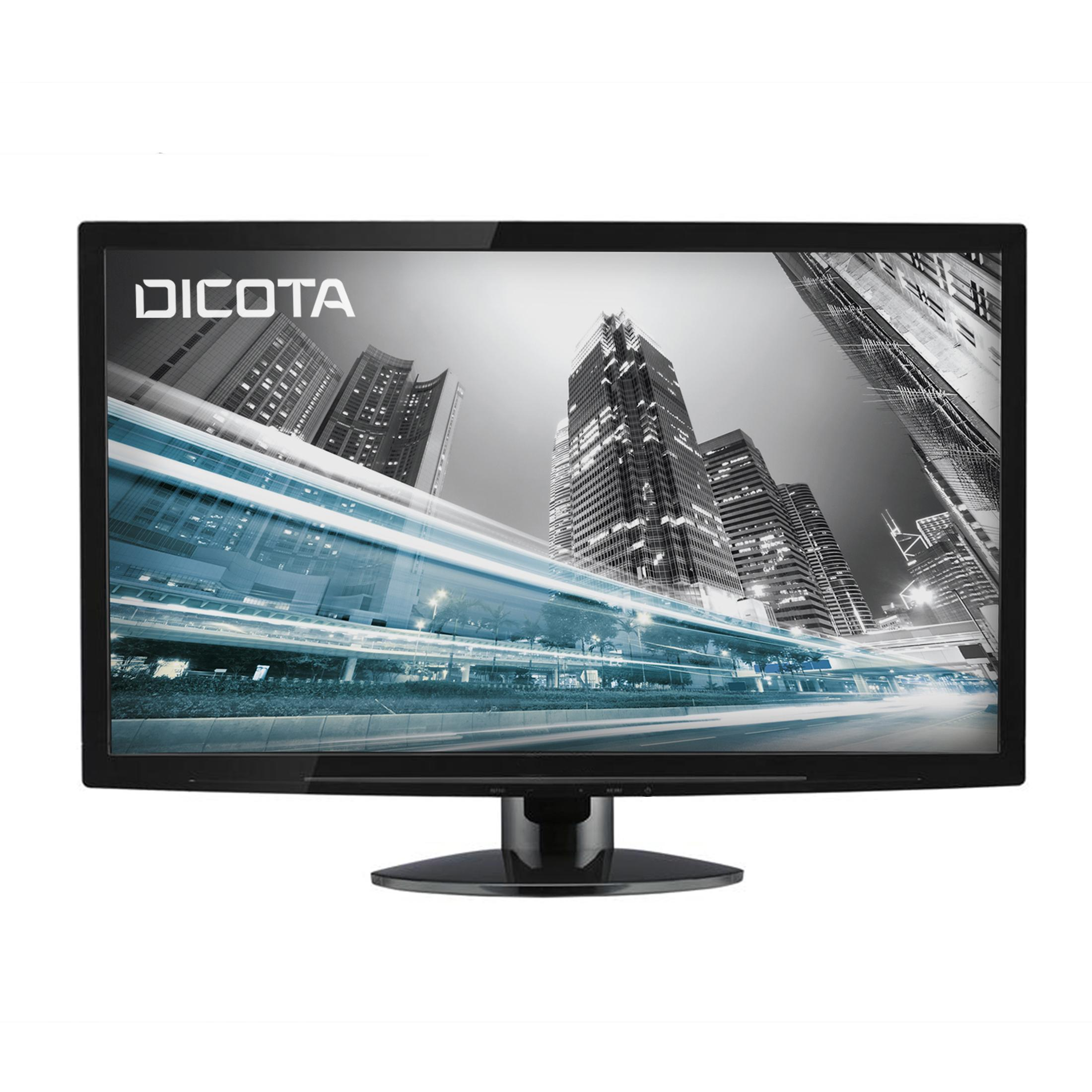 Un monitor di computer visualizza un paesaggio urbano con grattacieli e una scia blu.