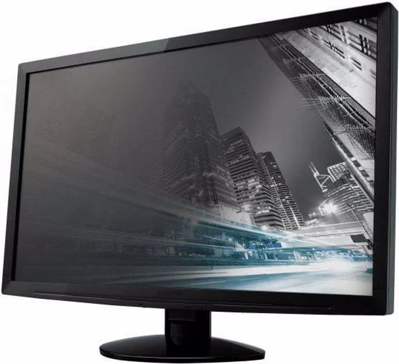 Un monitor del computer nero che mostra un paesaggio urbano notturno, con un effetto sfocato.