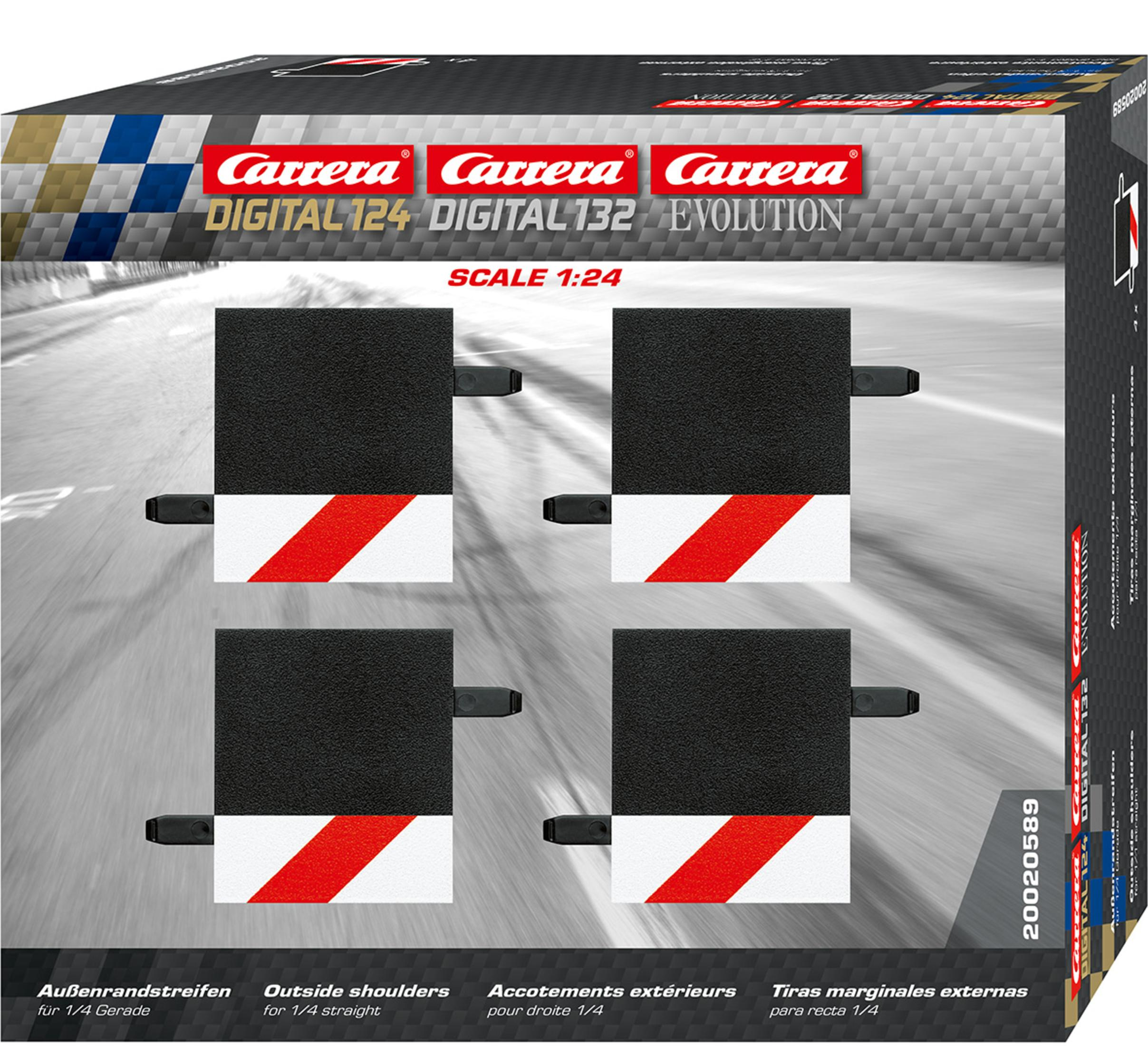 Carrera Rennstrecken-Set-Box. Schwarze Streckenteile mit rot-weißen Streifen. Grauer Hintergrund.