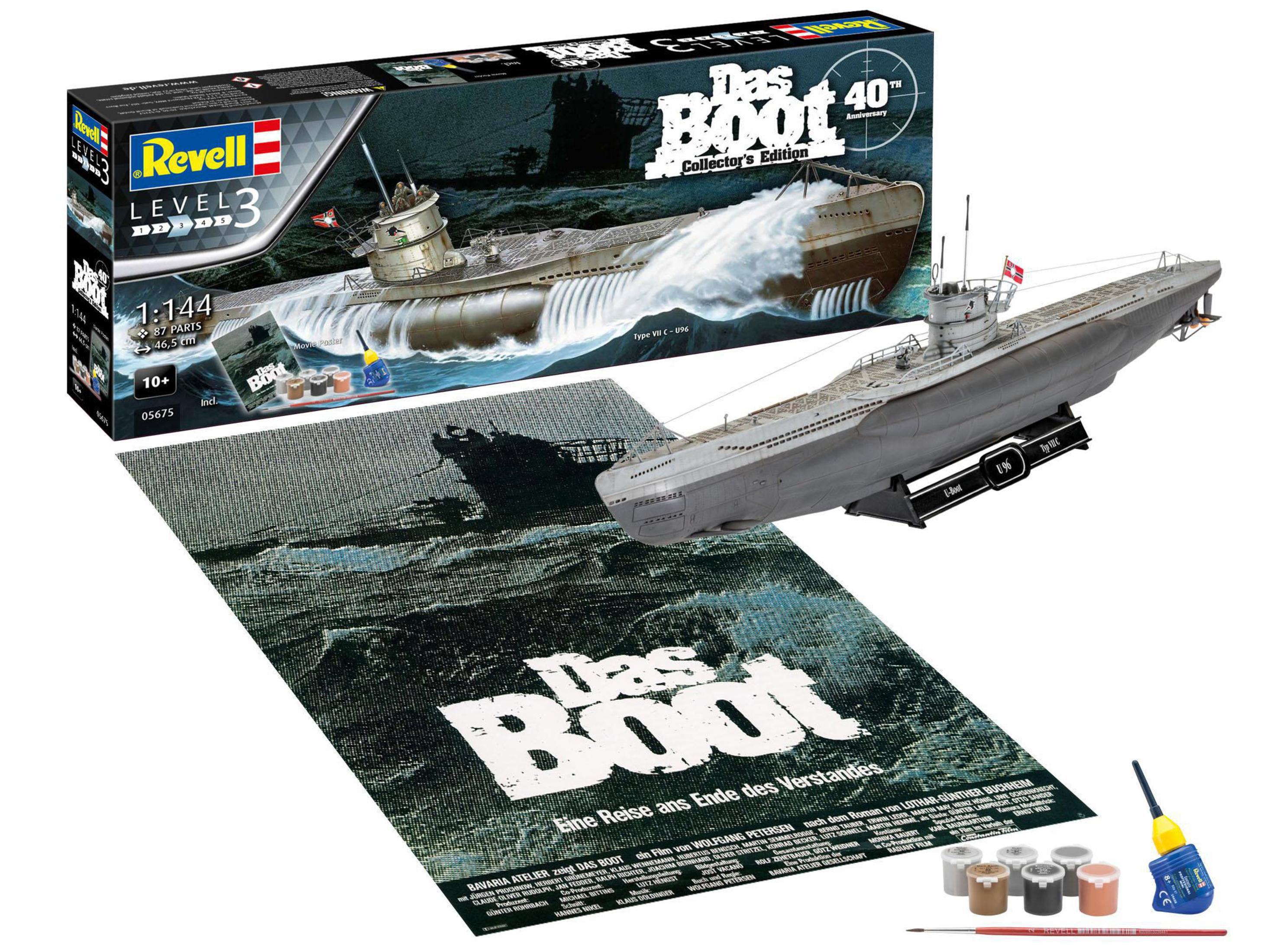 Kit modello del sottomarino tedesco U-96, con poster e vernici. Sfondo bianco.