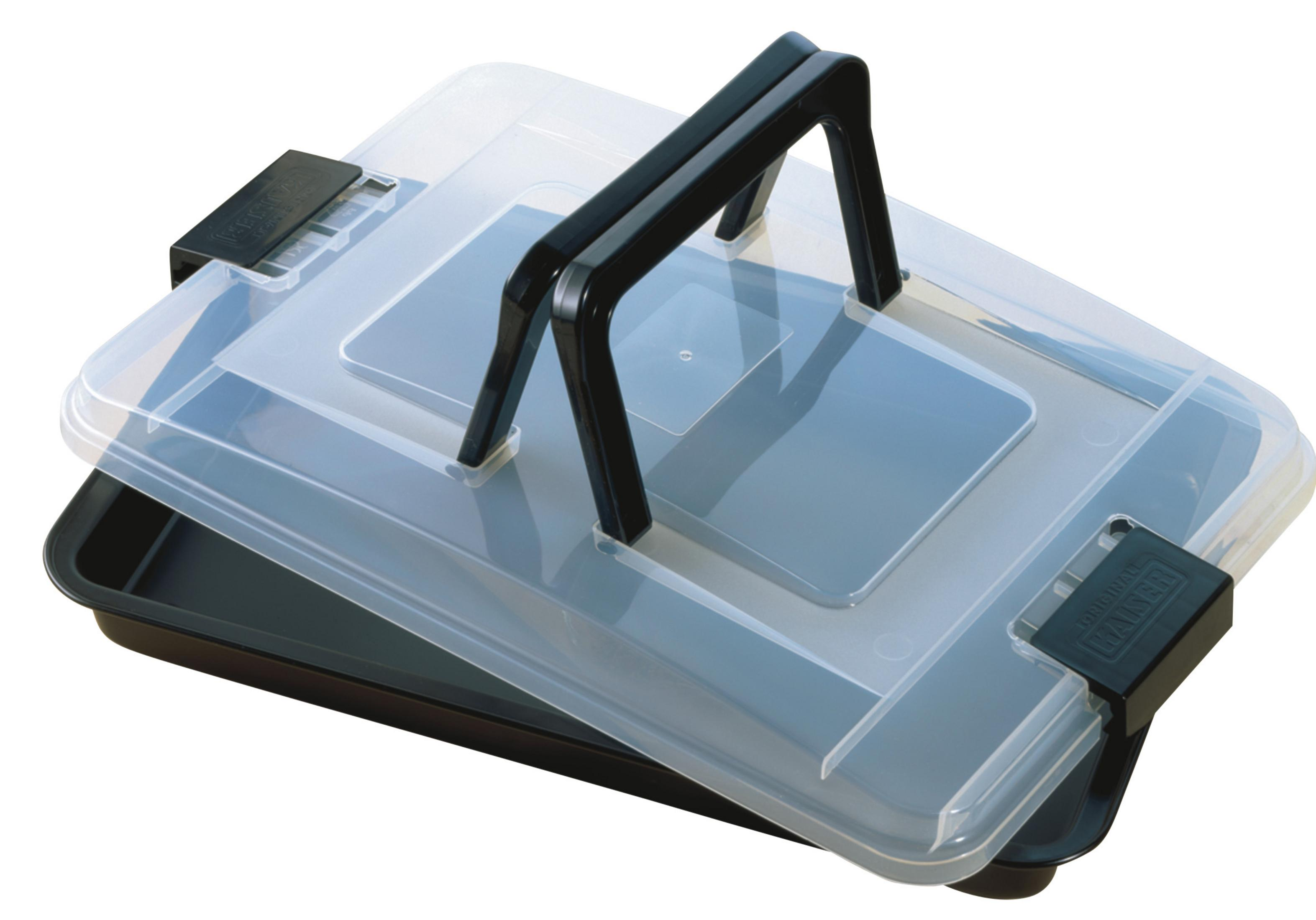 Plastikowy pojemnik z czarnym uchwytem, otwarty, pokazujący wnętrze.