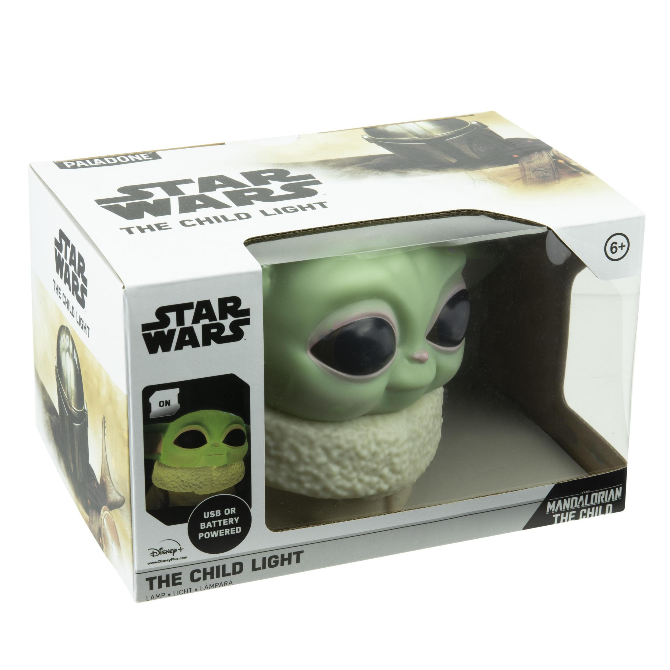 Światło Star Wars Grogu The Child w pudełku. Światło jest zielone i ma duże oczy.