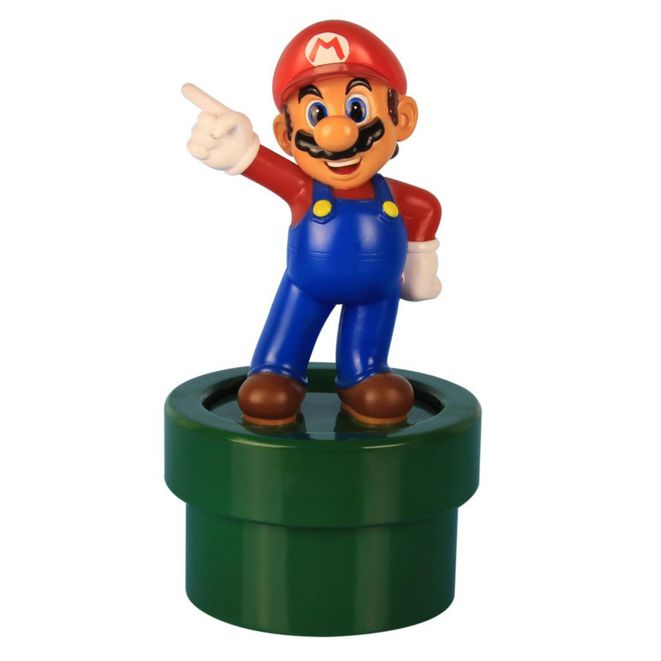 Mario-Figur in einer grünen Röhre. Er zeigt mit einer Hand. Roter Hut, blaue Latzhose.