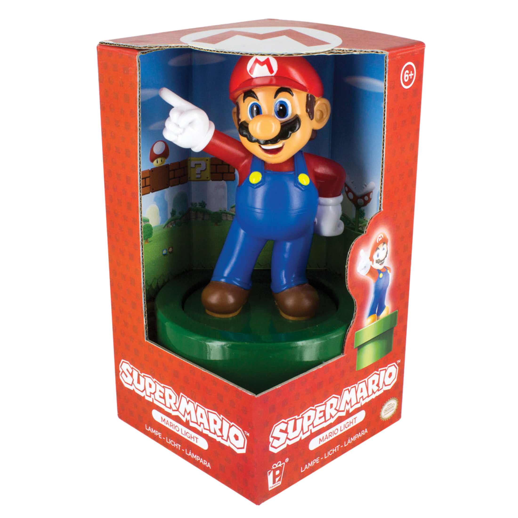Super Mario Figur in einer roten Box. Mario zeigt mit dem Finger.