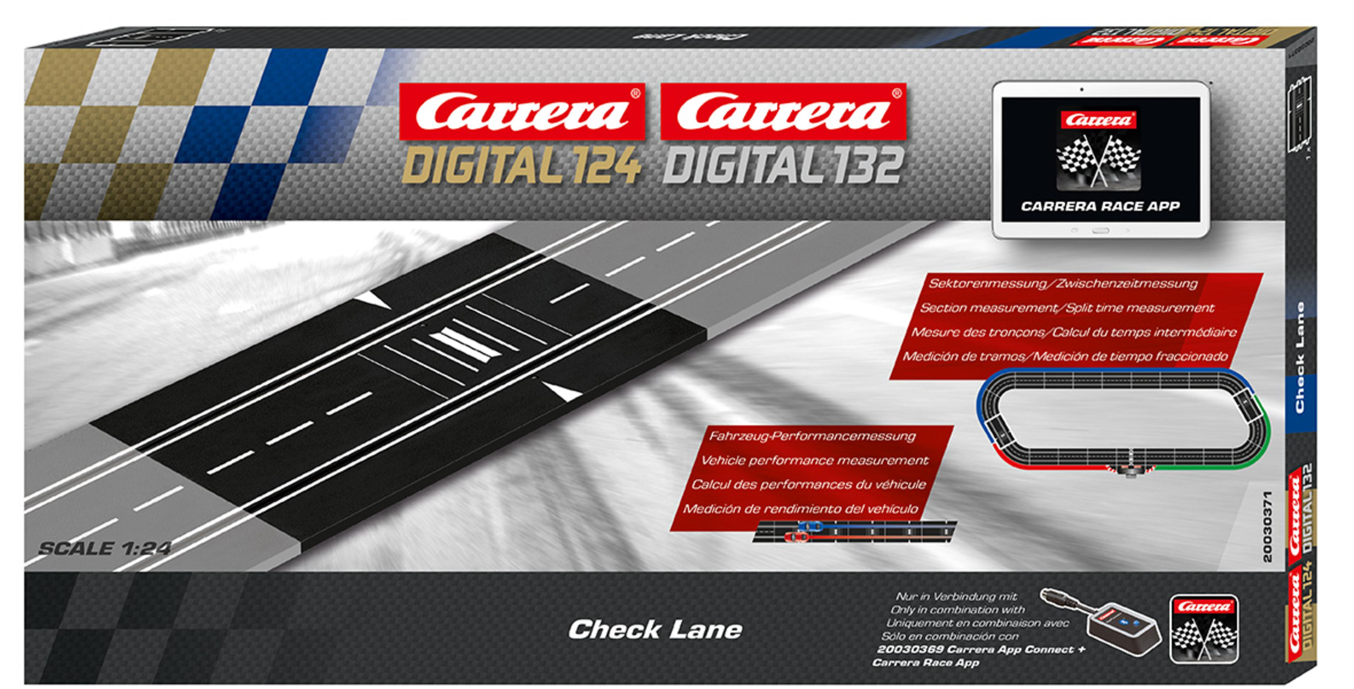 Set scatola pista da corsa Carrera Digital 124/132. Mostra un layout di pista e un tablet.