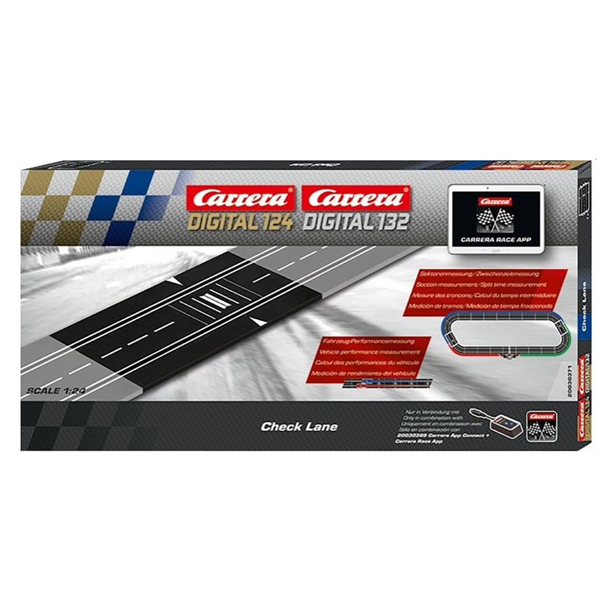 Un pezzo di pista Carrera DIGITAL 124/132 Check Lane in una scatola.