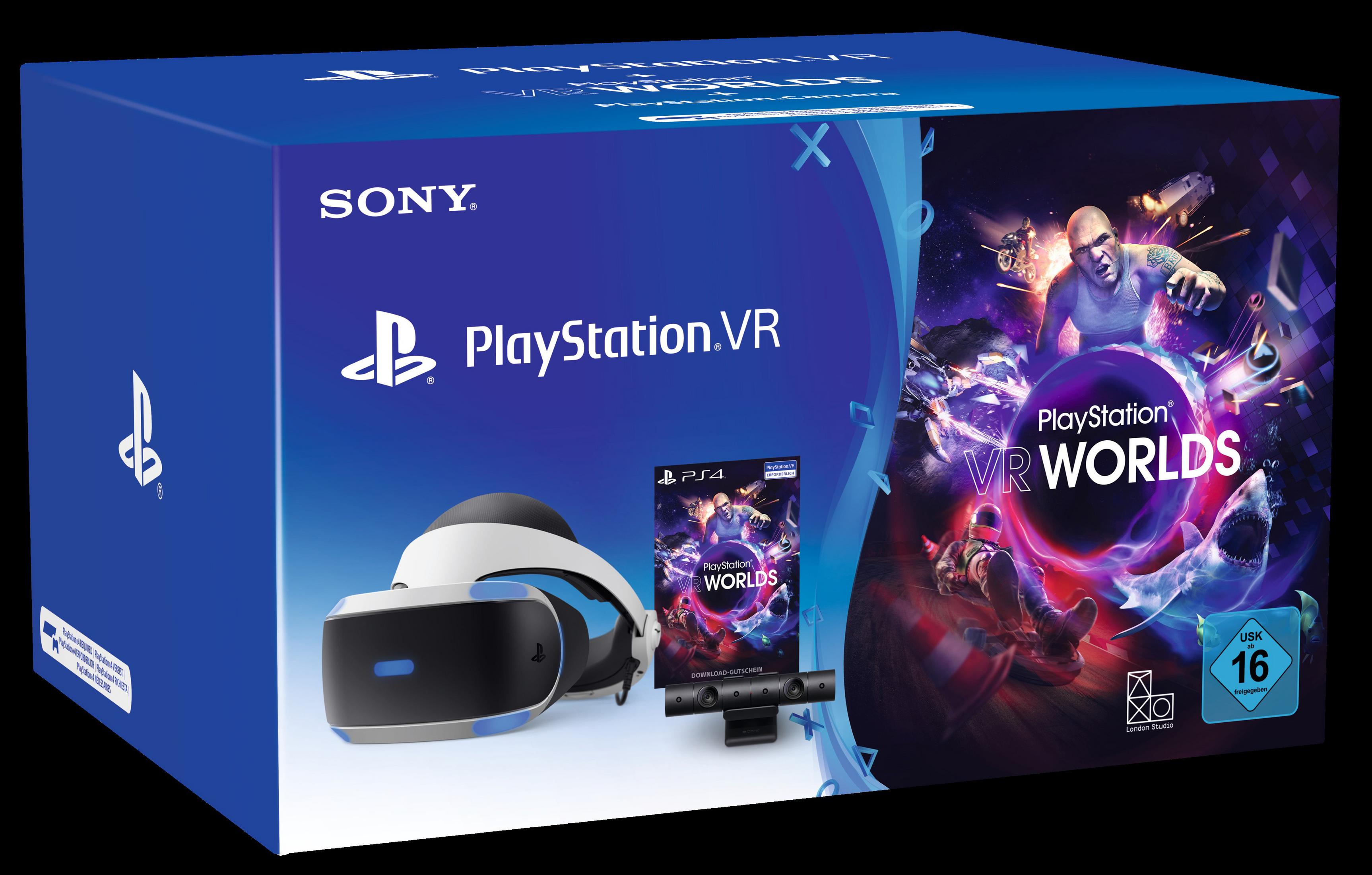 Blaue PlayStation VR-Box mit VR-Headset, Kamera und Spiel. Die Box hat Text auf Englisch.