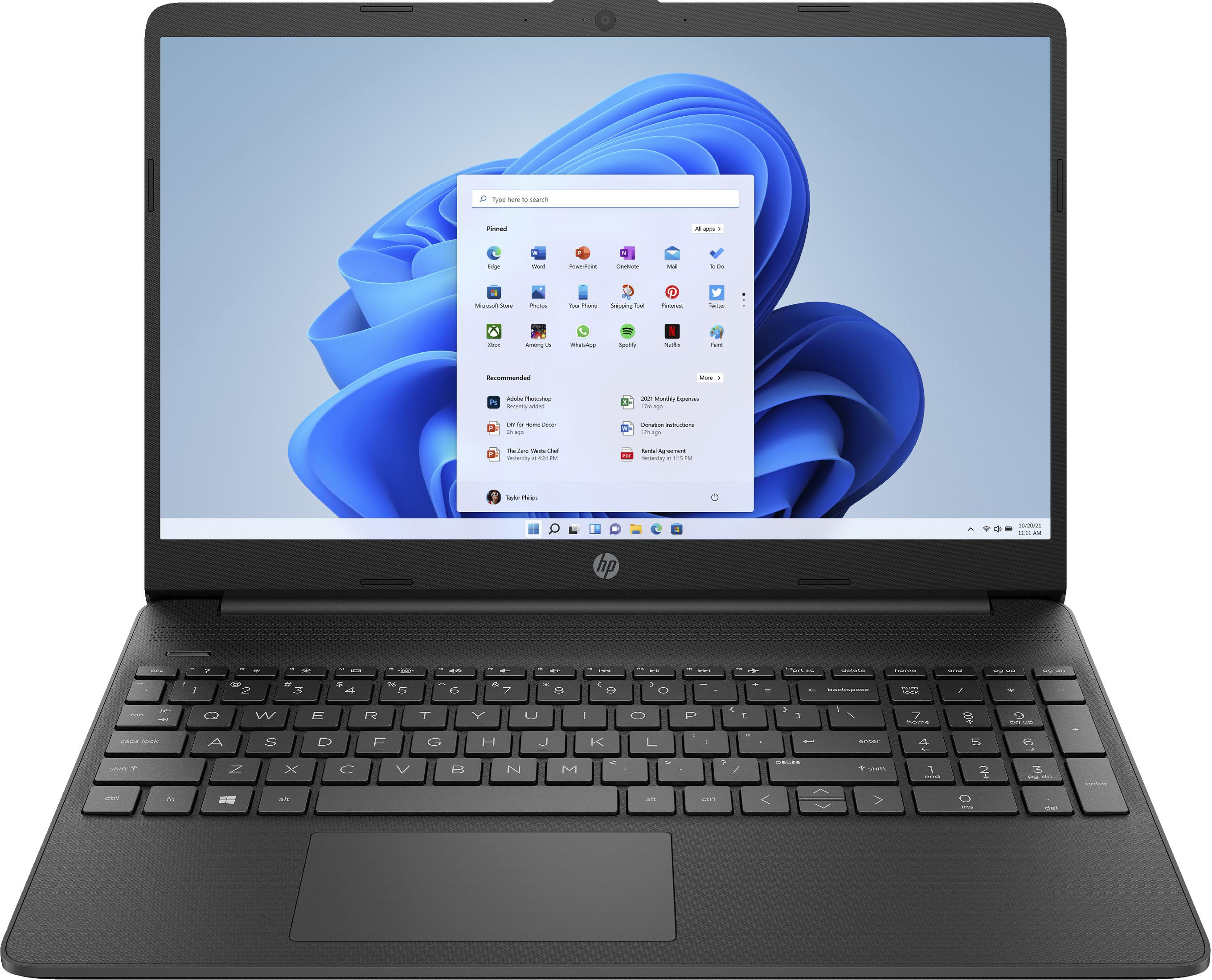 Ein schwarzer HP-Laptop ist geöffnet und zeigt einen Windows 11-Startbildschirm mit App-Symbolen.