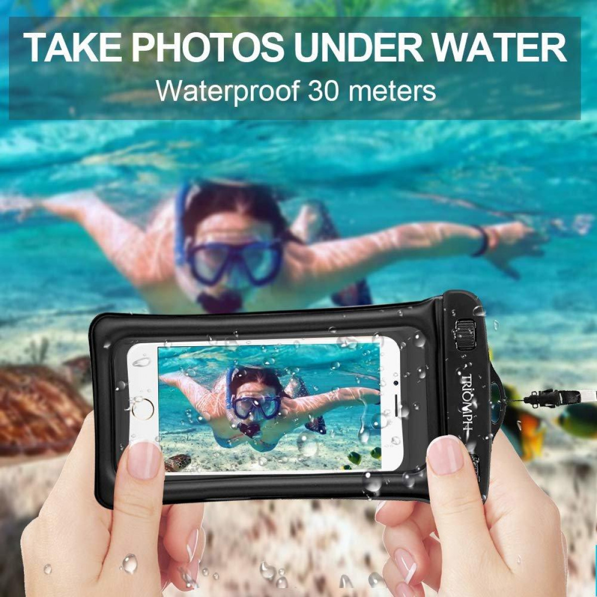 Osoba w wodzie z telefonem w wodoodpornym etui. Nakładka tekstowa: Rób zdjęcia pod wodą.