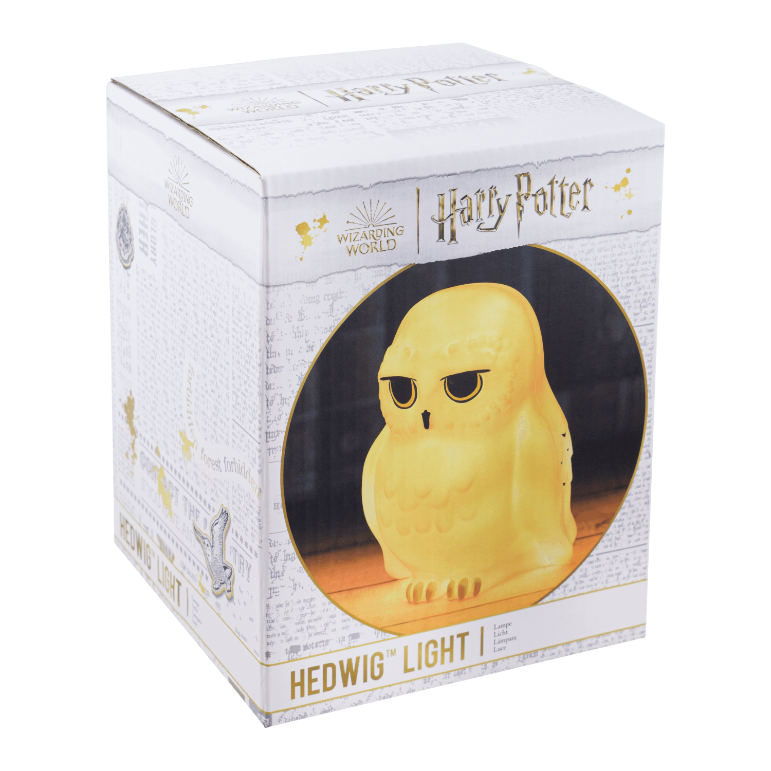 Białe światło Harry Potter Hedwig w białym pudełku z marką i tekstem Harry Potter.