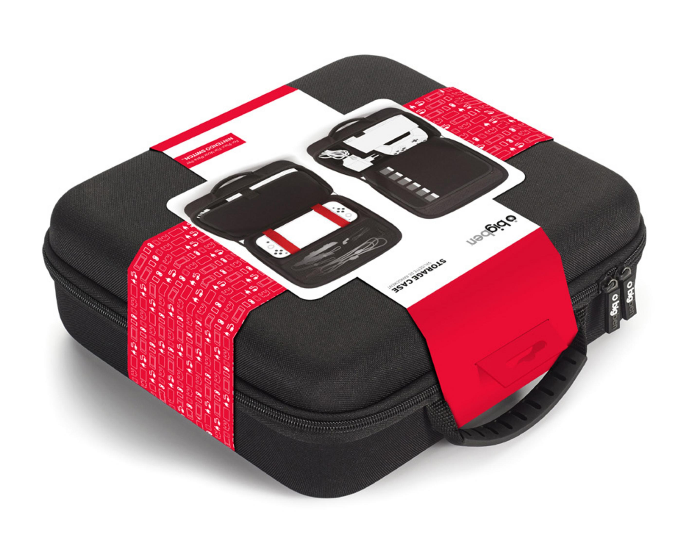 Black Nintendo Switch storage case with game cartridge designs.