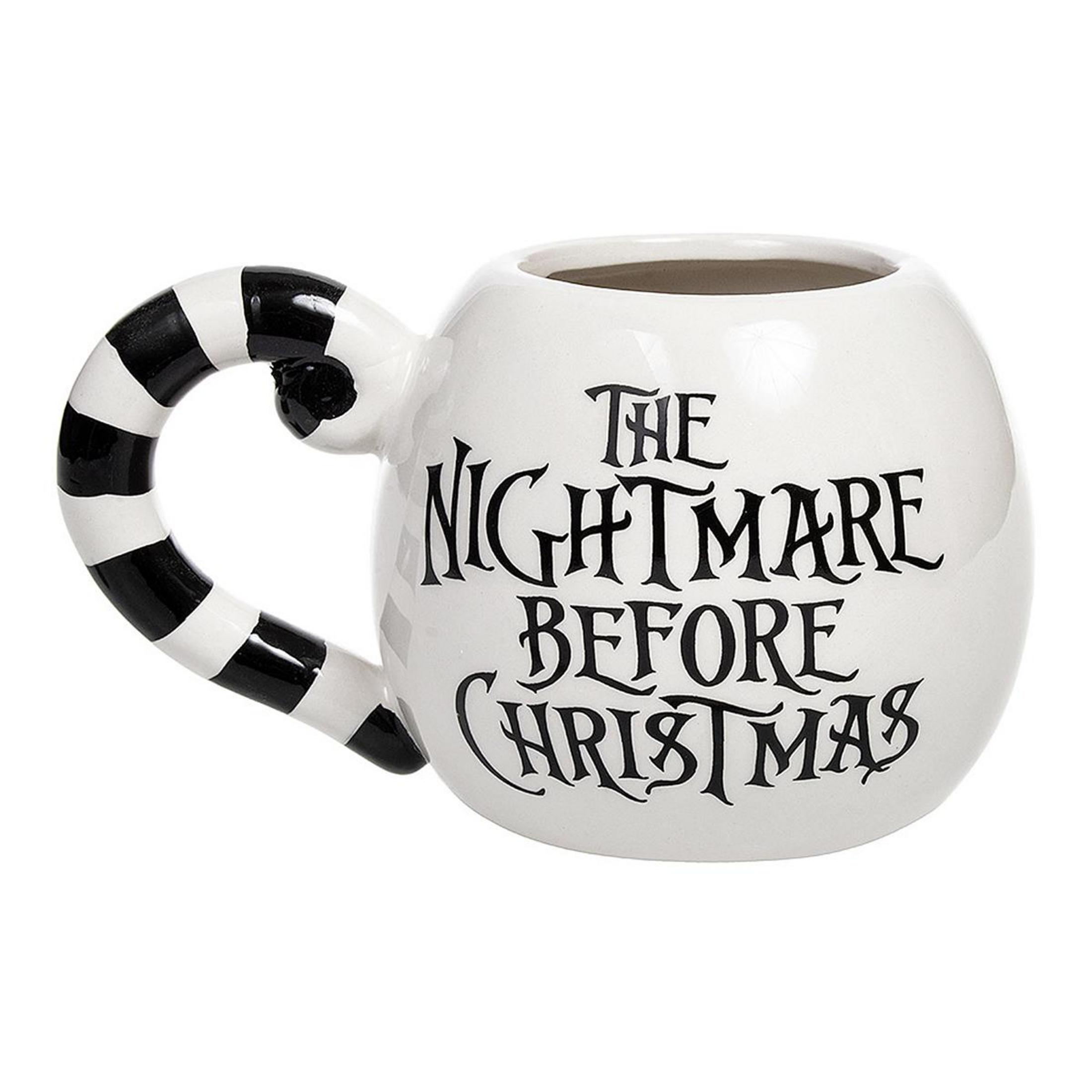 Biały kubek z czarnymi paskami na uchu. Napis: The Nightmare Before Christmas.