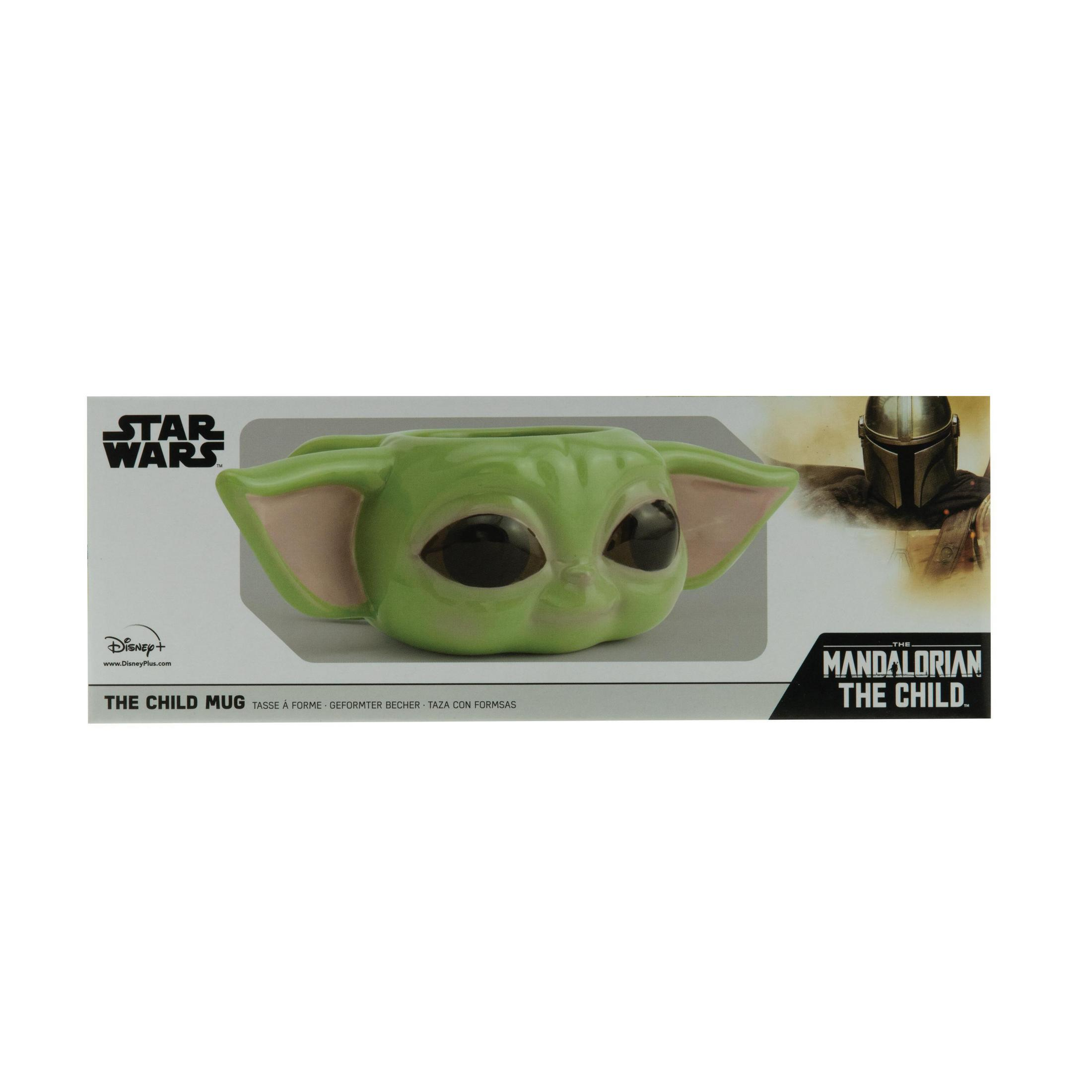 Ein grüner Baby Yoda-Becher mit dem Star Wars und The Mandalorian-Logo.