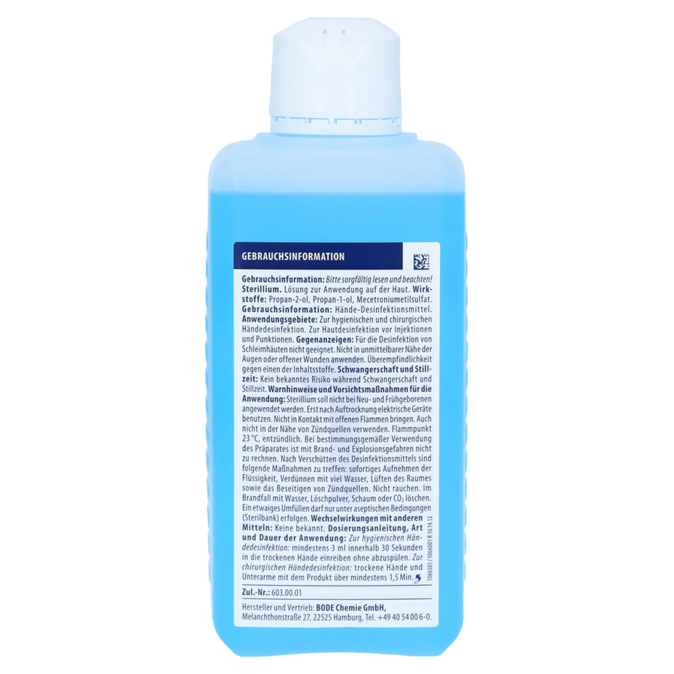 Blaue Flasche mit Text. Text: Gebrauchsinformationen. Informationen zum Produkt und seiner Verwendung.