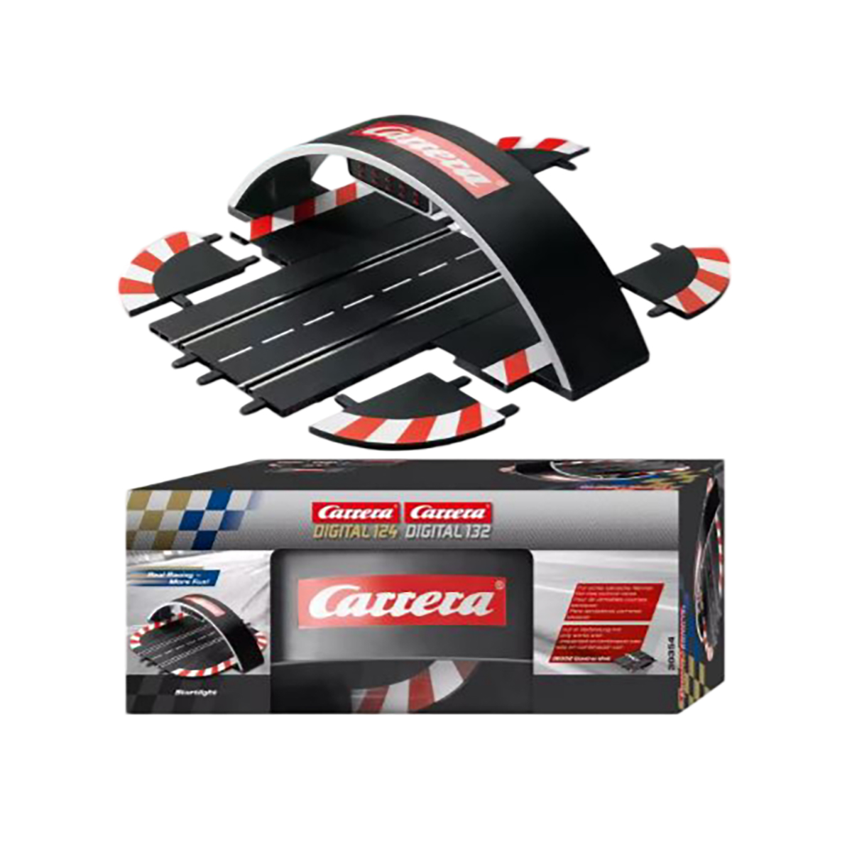 Set pista da corsa modello con ponte e divisori di corsia, in una scatola con marchio Carrera.