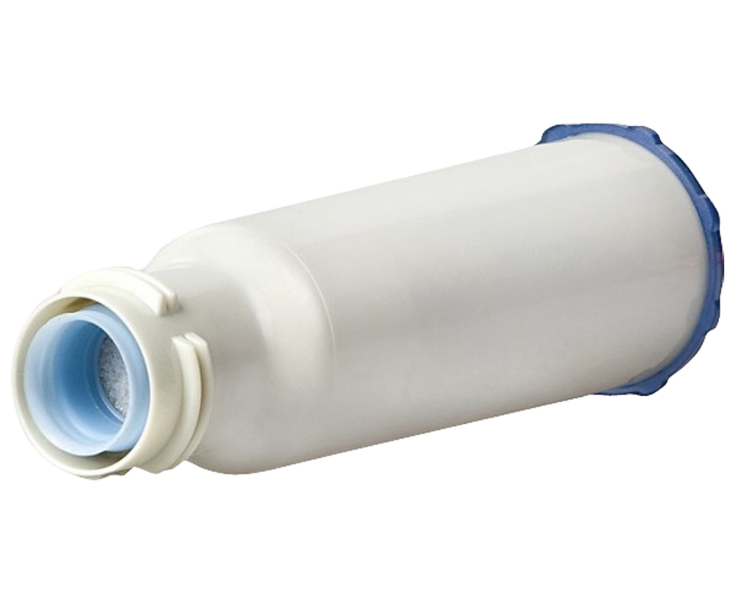 Ein weißer Wasserfilter mit blauen Enden, auf einer weißen Oberfläche liegend, vor weißem Hintergrund.
