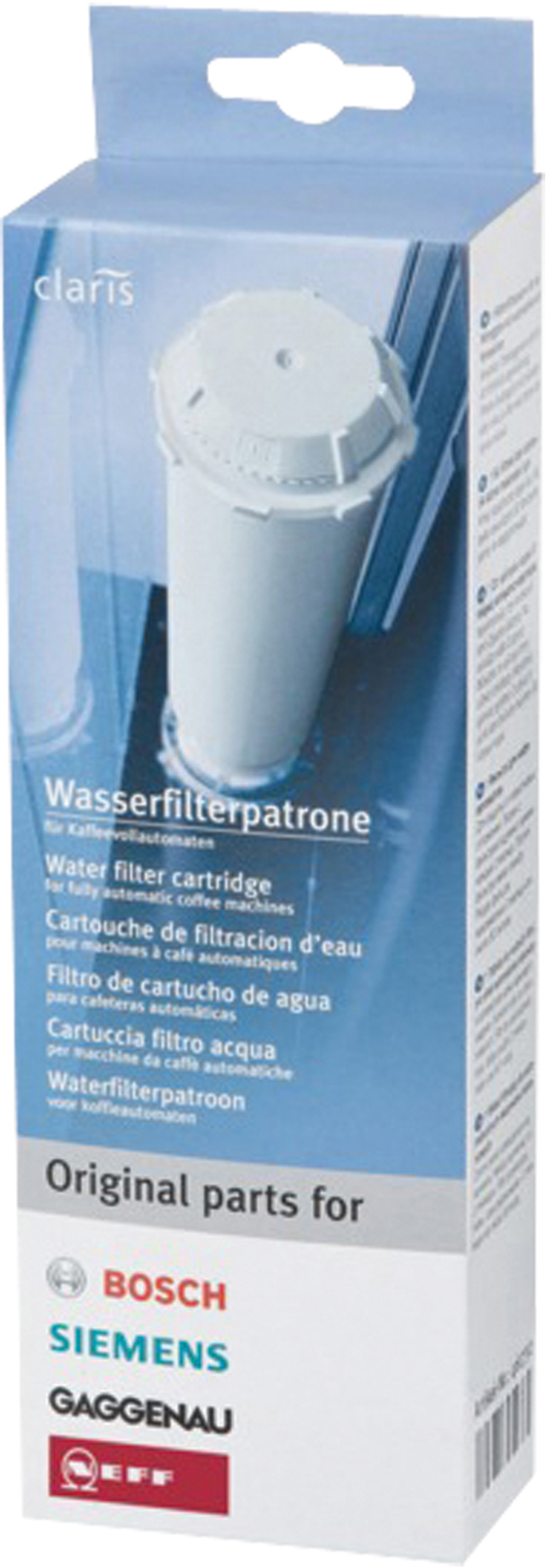 Wasserfilterpatronen-Box mit Text in mehreren Sprachen und den Markensymbolen.