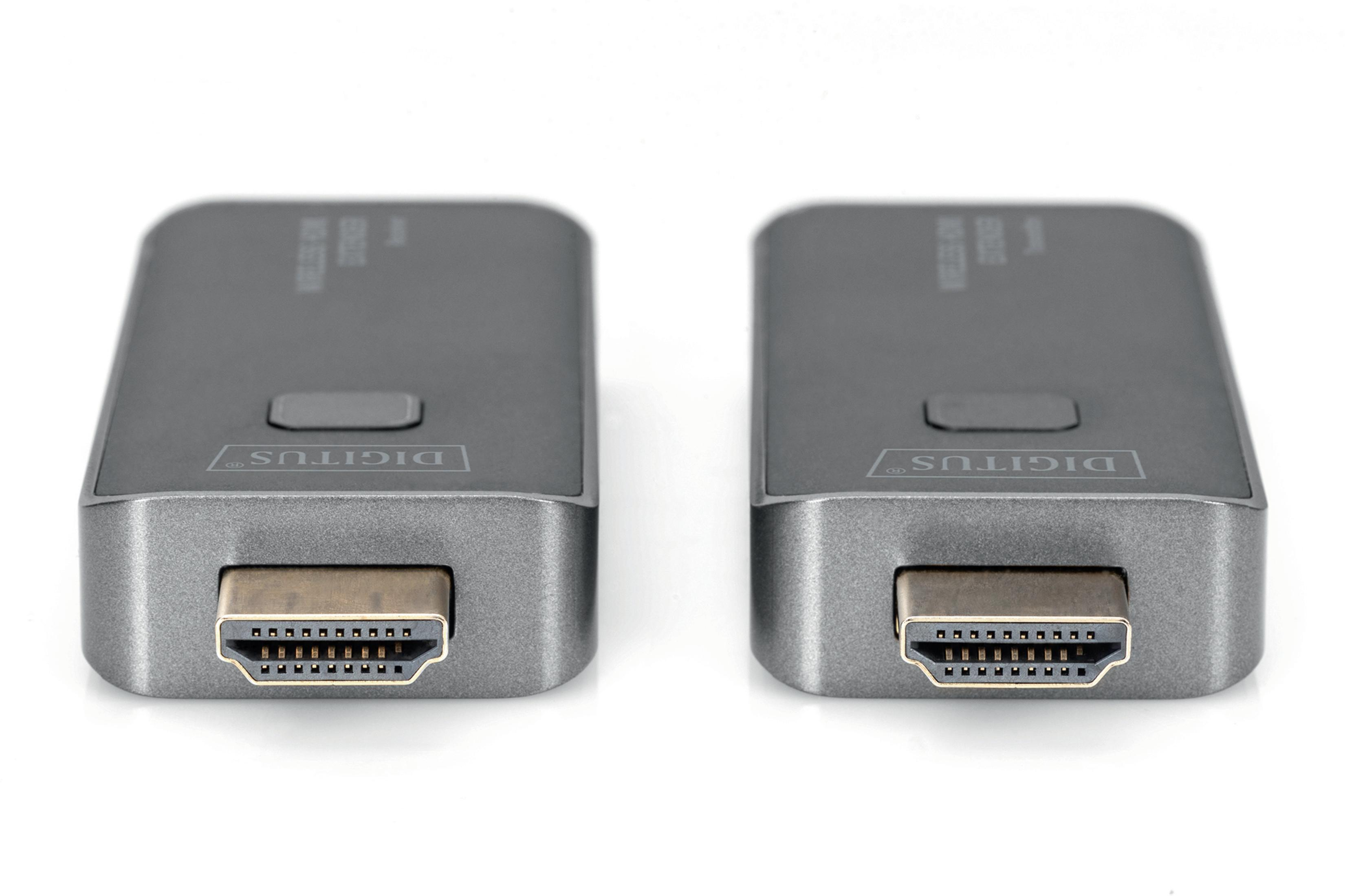HDMI portlarını gösteren iki gri kablosuz HDMI genişletici. Beyaz zemin.