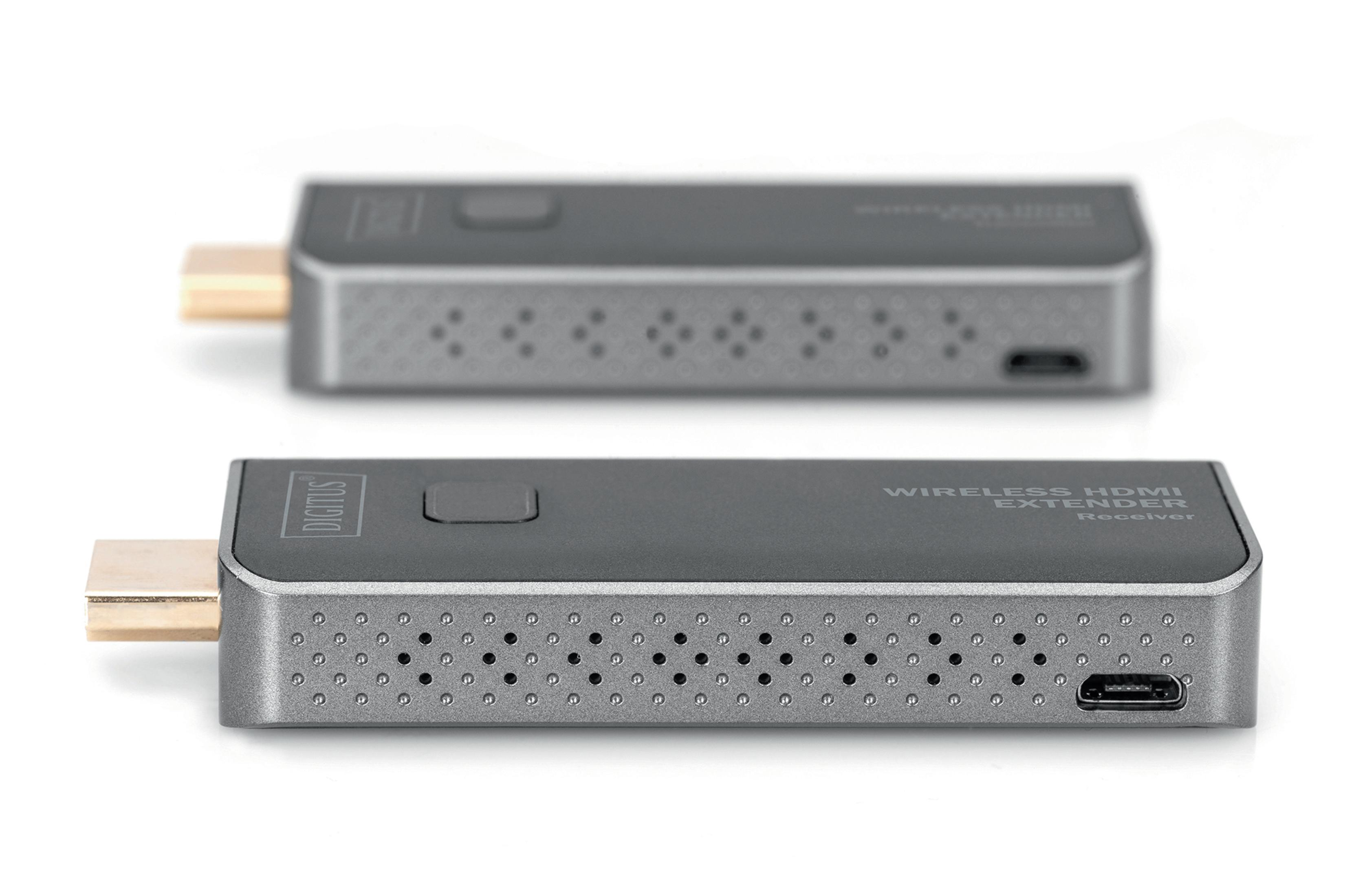 İki gri kablosuz HDMI genişletici, biri odaklanmış, altın renkli bir konektör ve mikro-USB bağlantı noktasıyla.