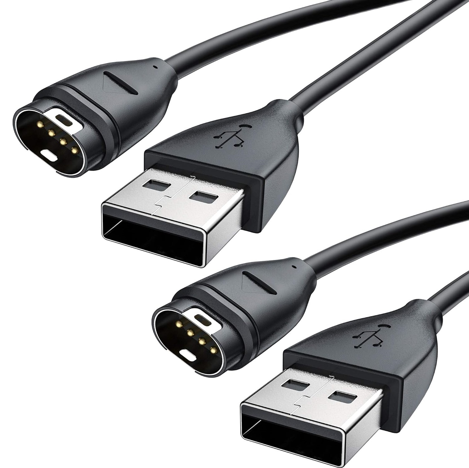 Czarne kable ładujące USB z czarnymi złączami, na białym tle.