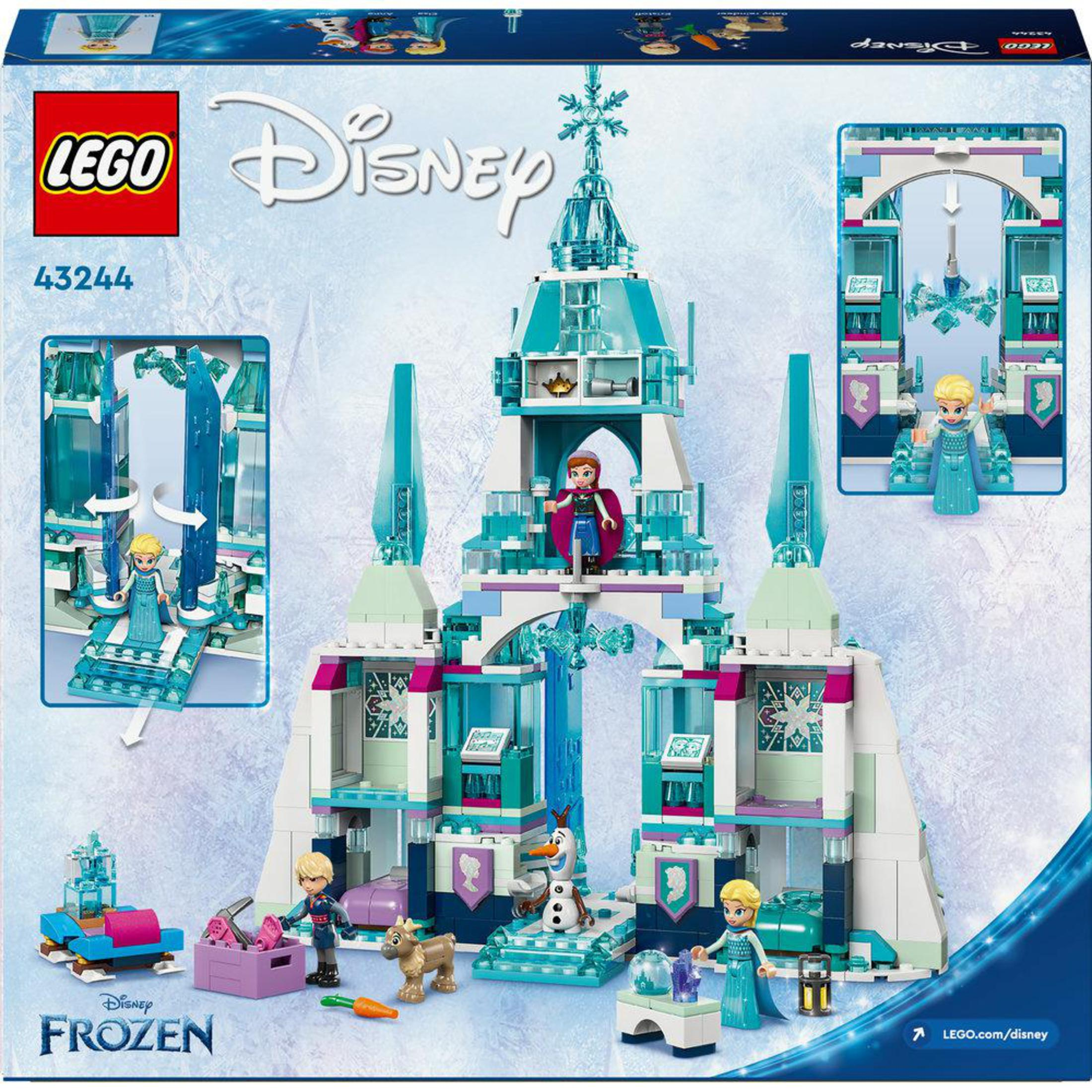 Pudełko zestawu Lego Disney Frozen Castle. Kolorowy obraz zamku i postaci.