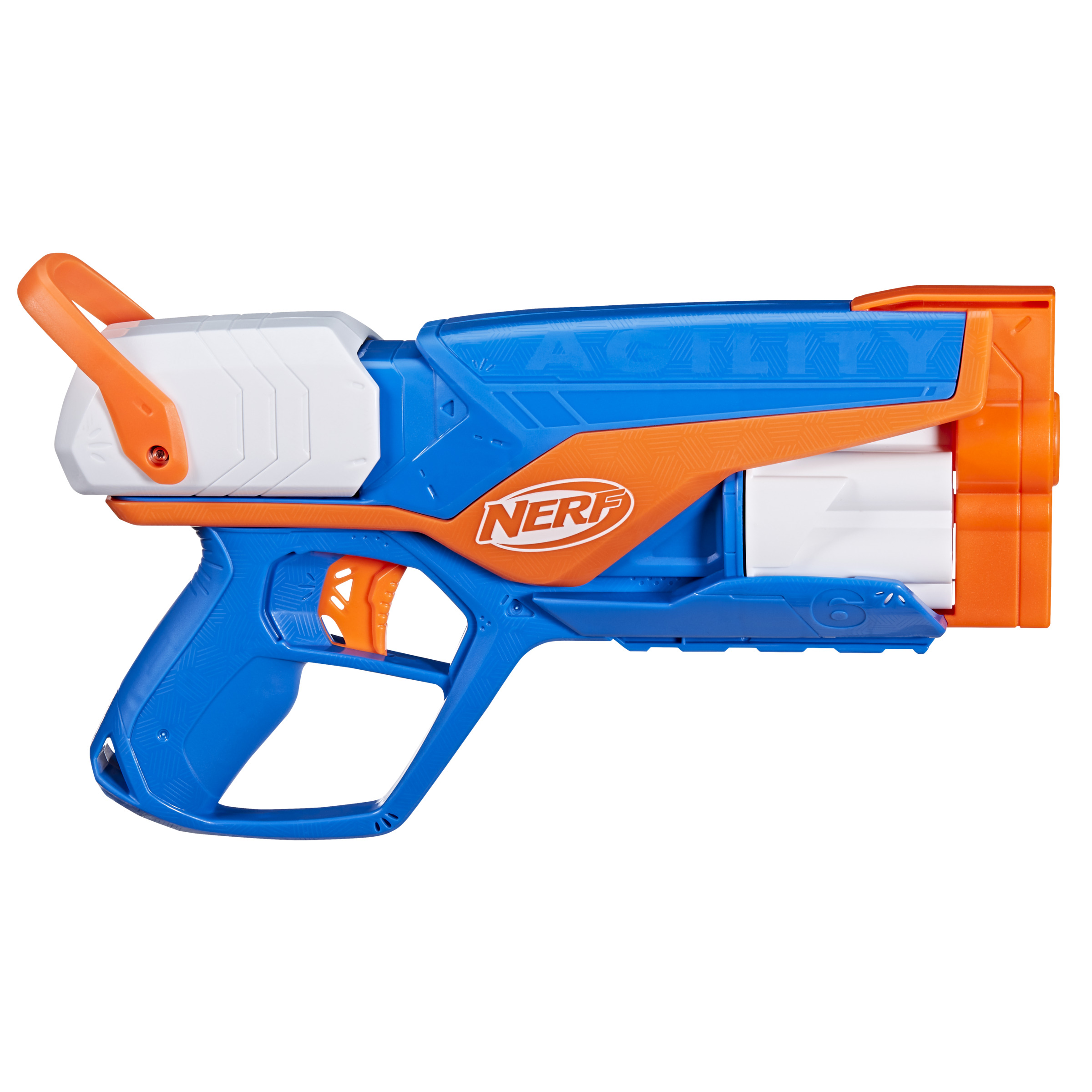 Niebiesko-pomarańczowa broń Nerf, widok z boku, widoczne logo Nerf.