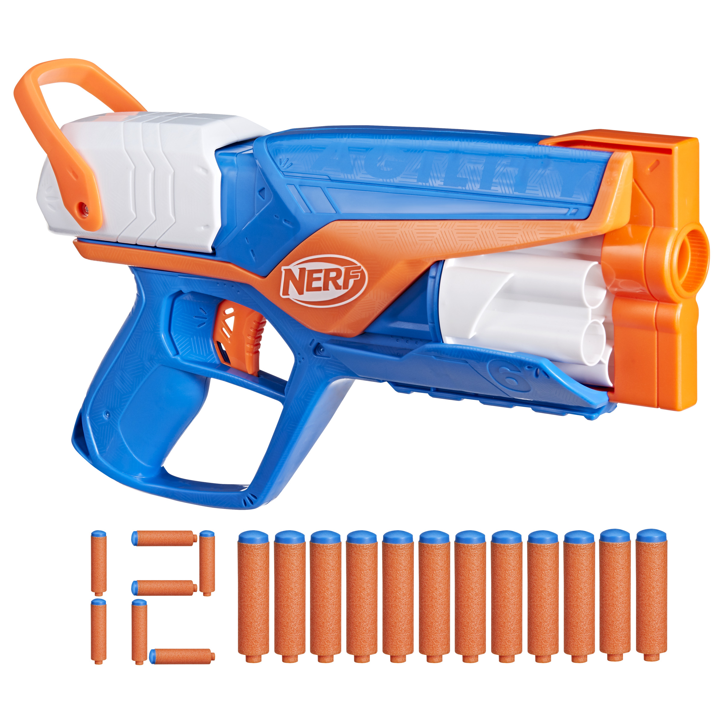 Niebiesko-pomarańczowy pistolet Nerf z 12 pomarańczowymi strzałkami na białym tle.