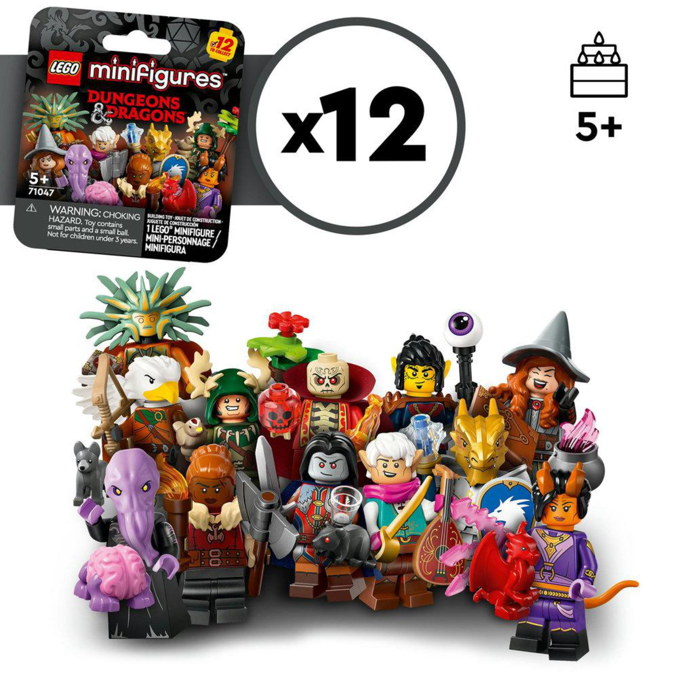 Pacchetto Lego Minifigures Dungeons & Dragons con 12 personaggi e etichetta 5+.