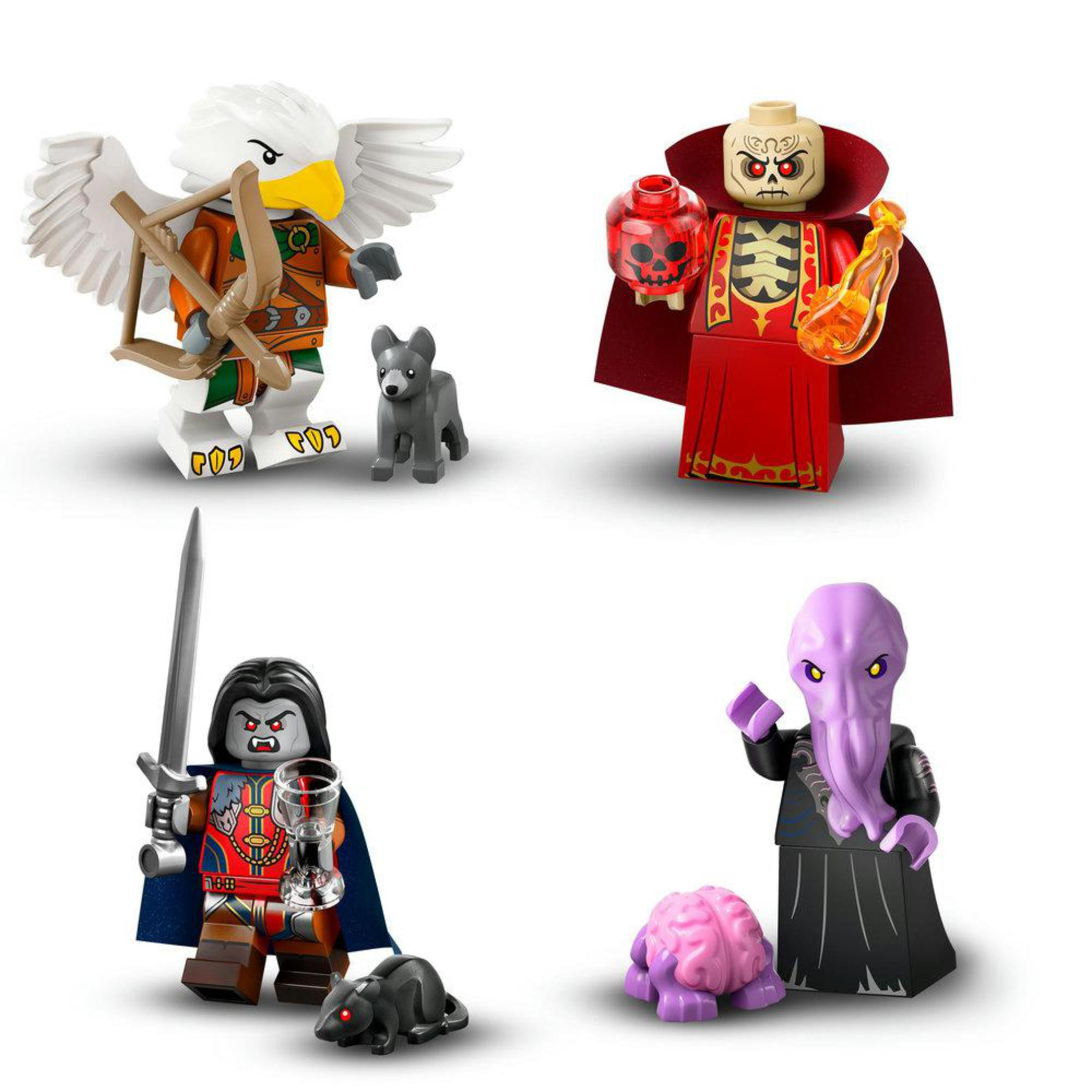 Quattro personaggi Lego da un set Lego. Un grifone, un vampiro, un mago e una creatura tentacolare.