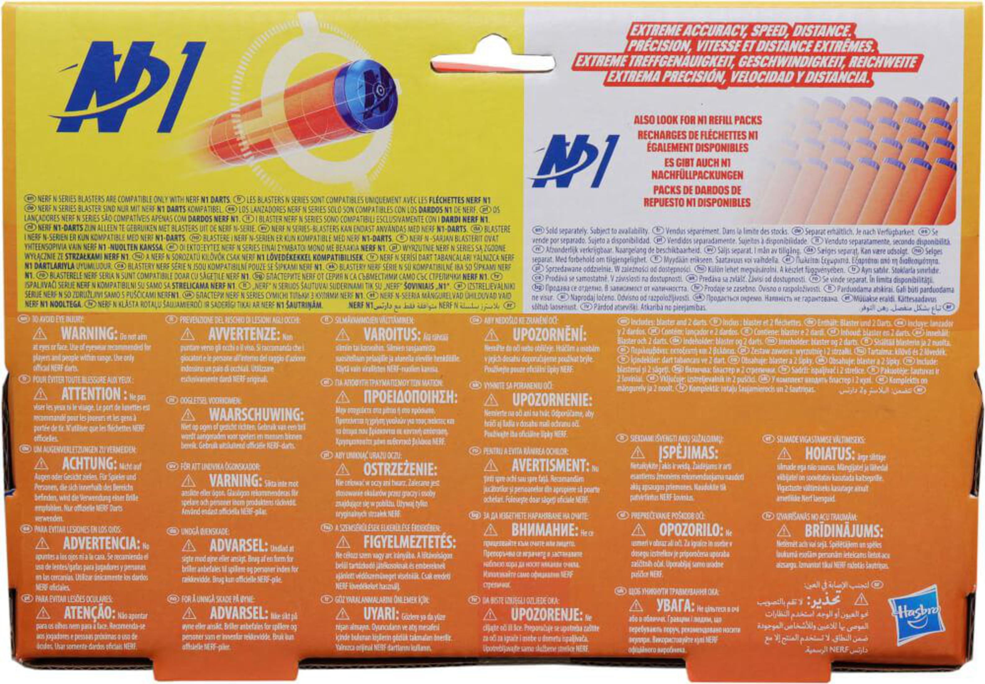 Opakowanie Nerf z tekstem w różnych językach i obrazami strzałek. Posiada logo Hasbro.