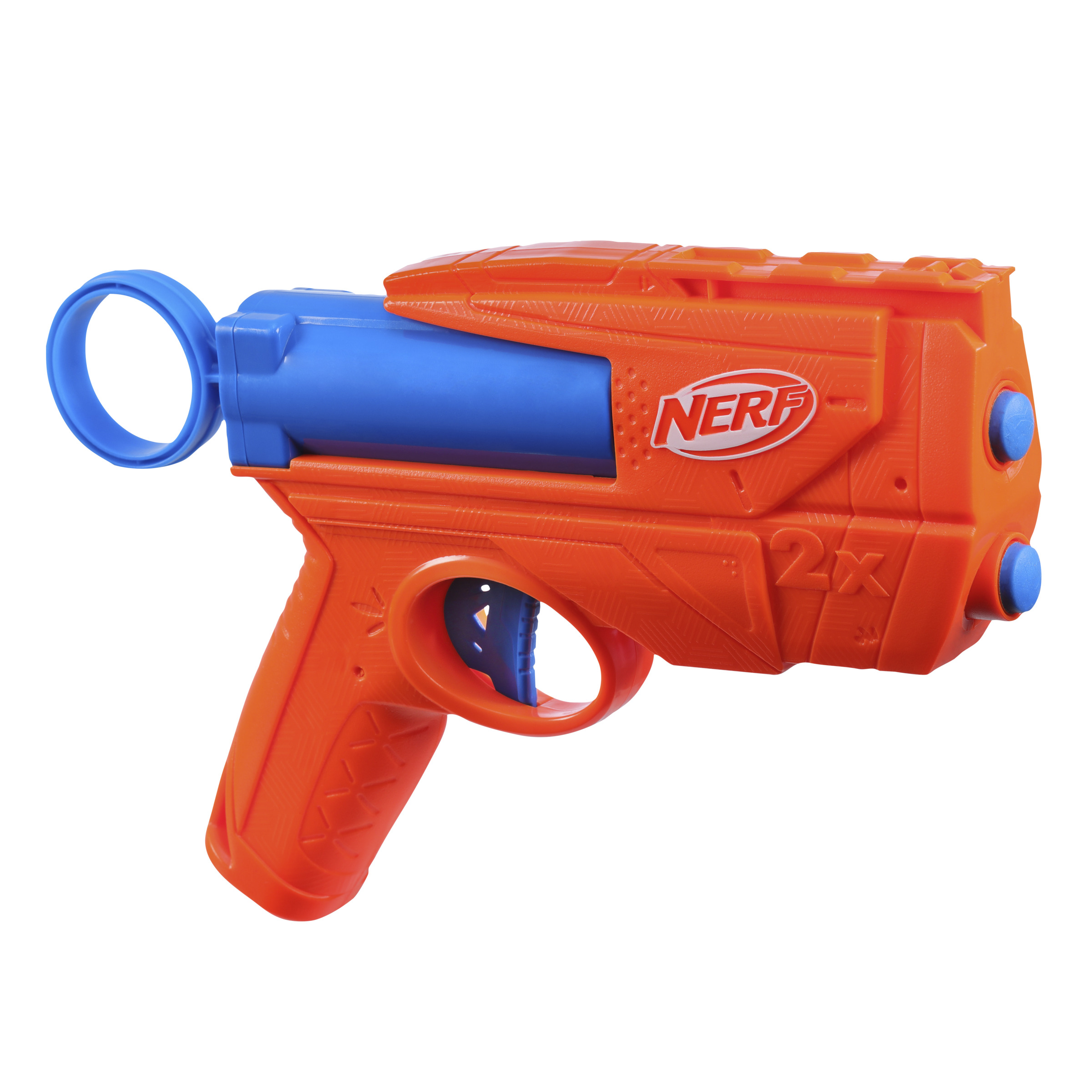Pistola de juguete Nerf naranja y azul con gatillo y cañón azul.