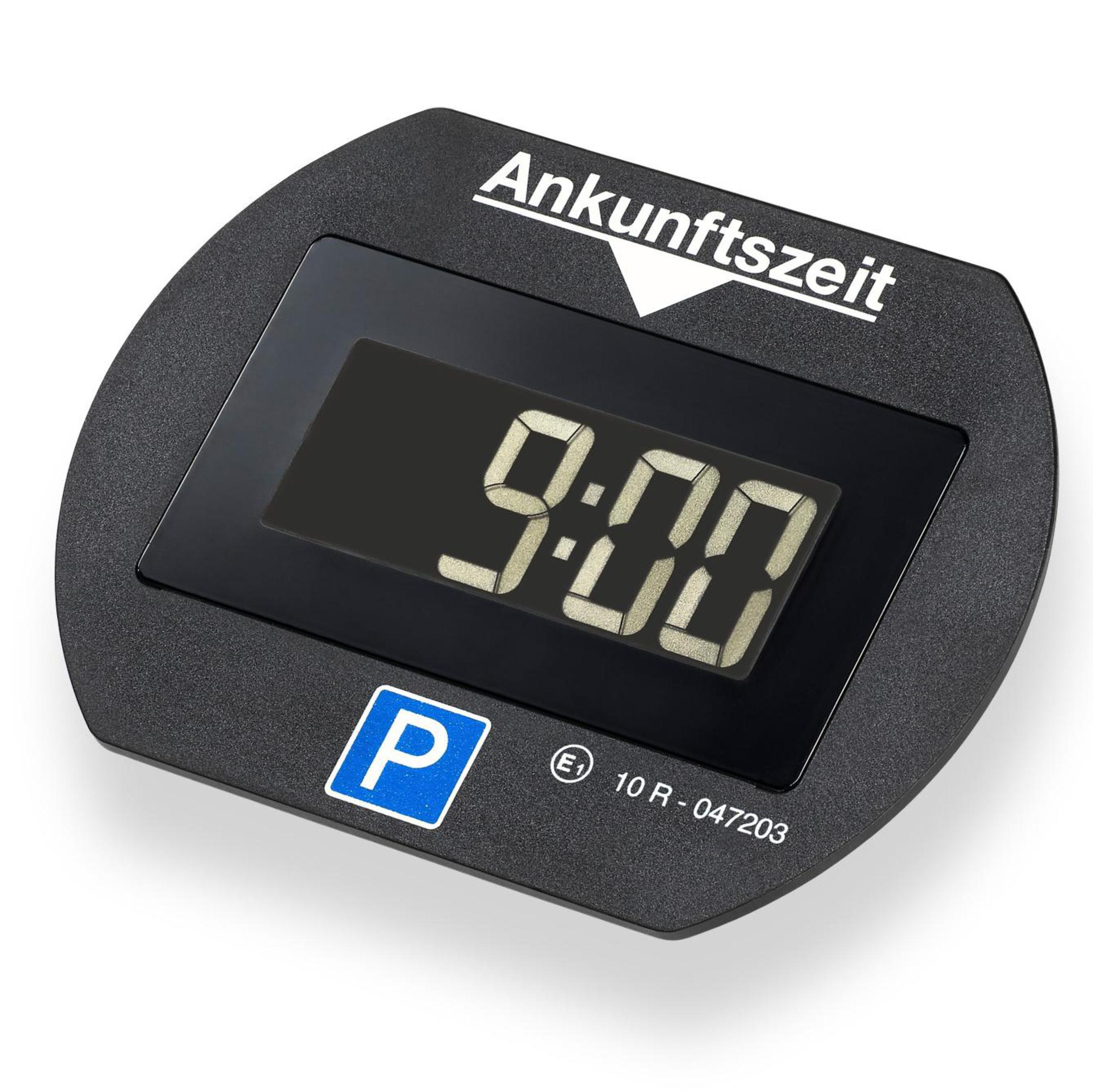 Schwarzer Parktimer mit 9:00 Uhr. Das Gerät hat ein blaues 'P' Symbol und das Wort 'Ankunftszeit'.