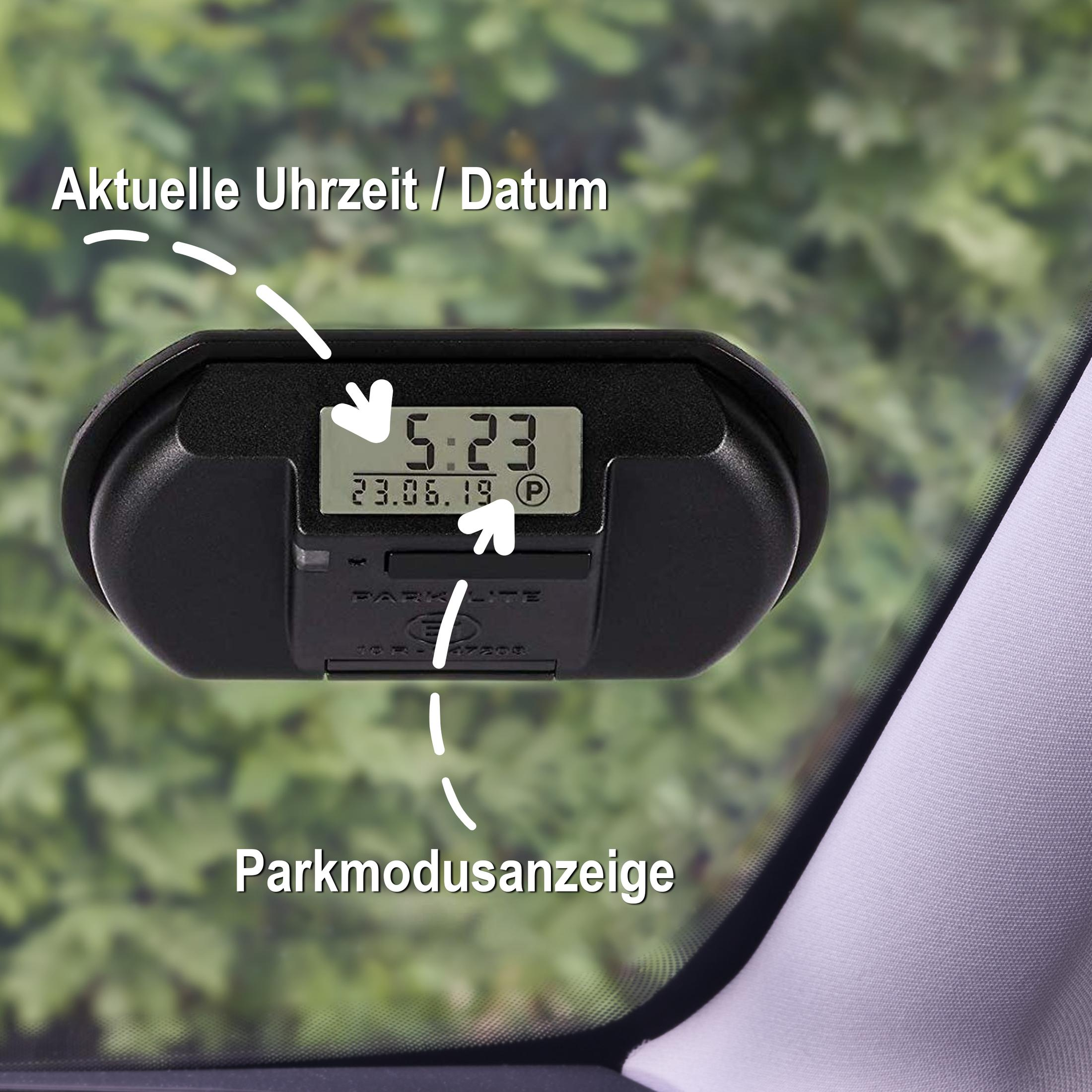 Schwarzes Parkgerät mit Uhrzeit und Datum, mit deutschen Beschriftungen.
