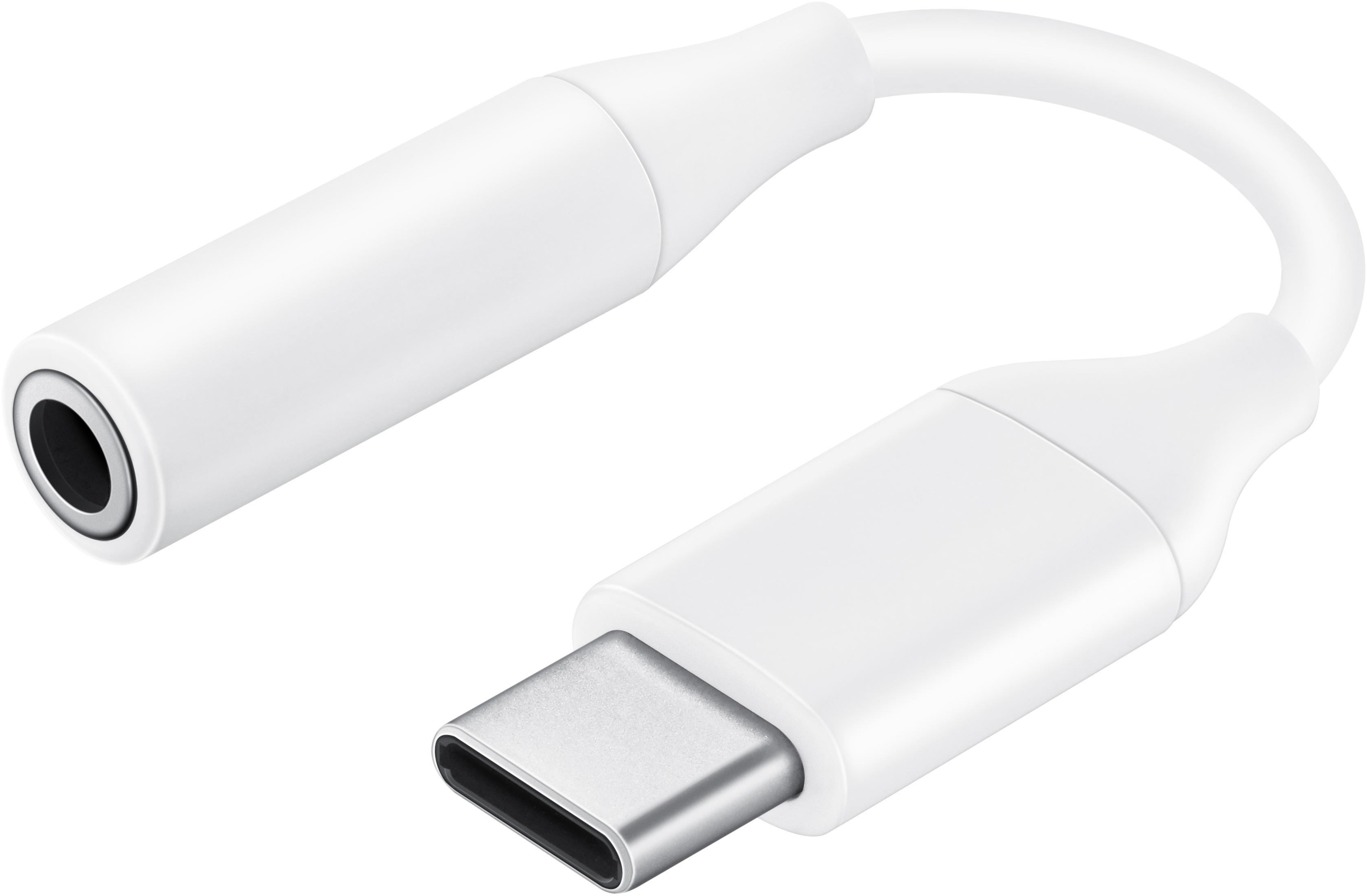 Weißes USB-C-zu-3,5-mm-Audioadapterkabel. Hat einen USB-C-Anschluss und eine 3,5-mm-Buchse.