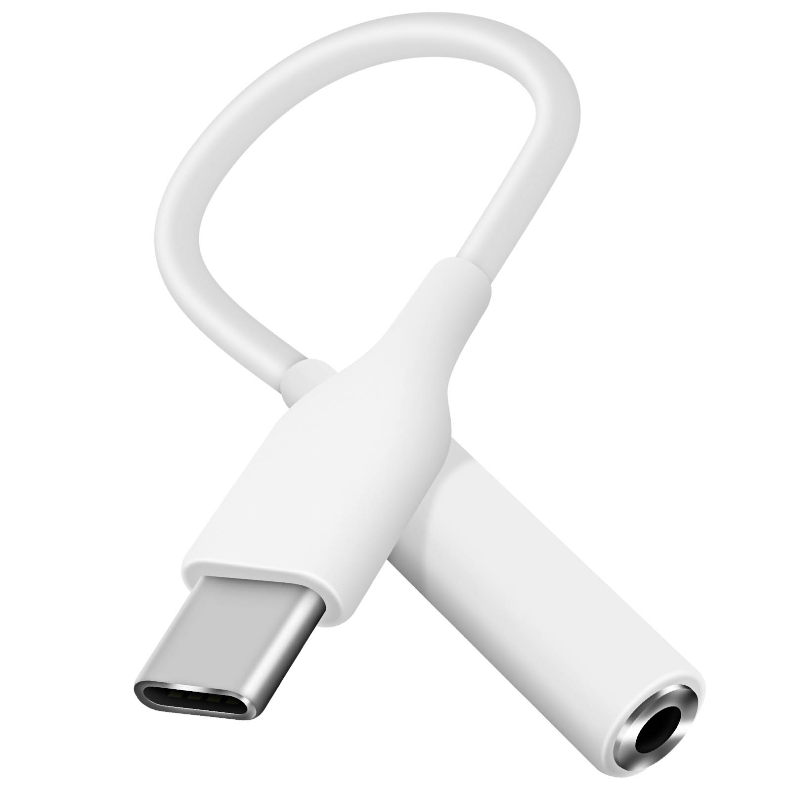 Weißes USB-C-auf-3,5-mm-Audioadapterkabel, spiralförmig.