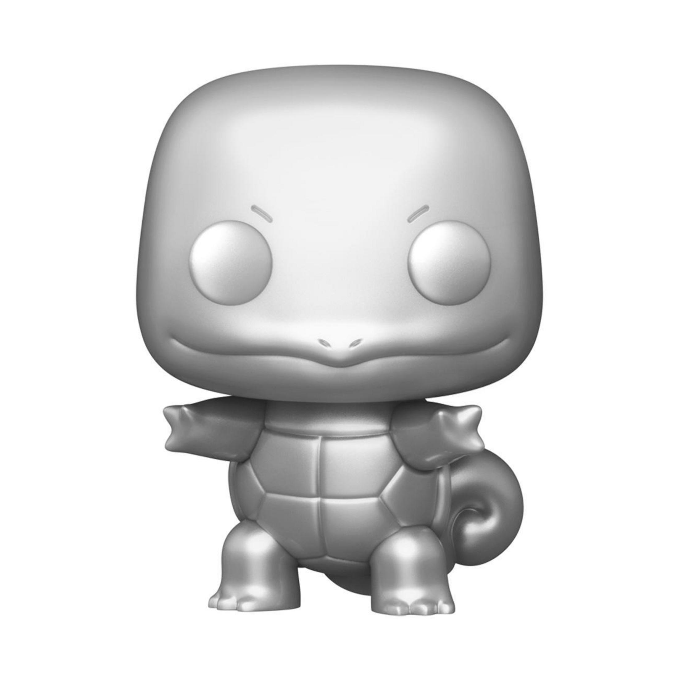 Eine silberfarbene Squirtle-Figur, ein Pokémon-Charakter, mit großen Augen und einem Schildkrötenpanzer.