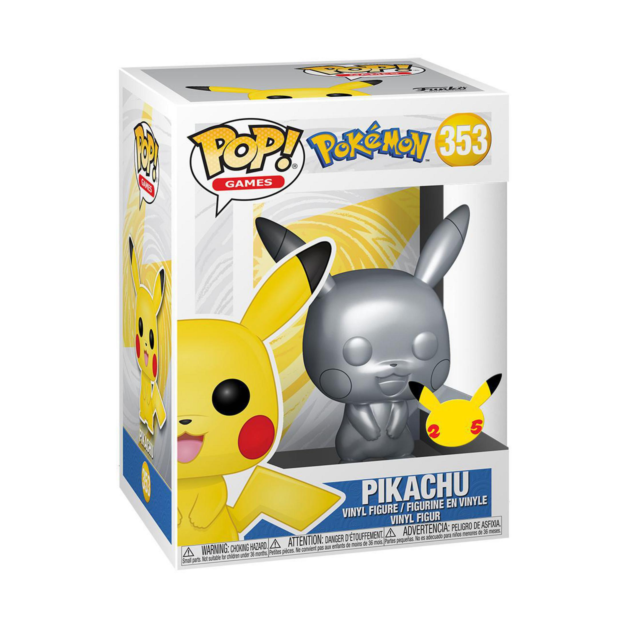 Eine Funko Pop!-Box mit einer silbernen Pikachu-Figur und einem gelben Pikachu. Die Box hat einen weißen Hintergrund.