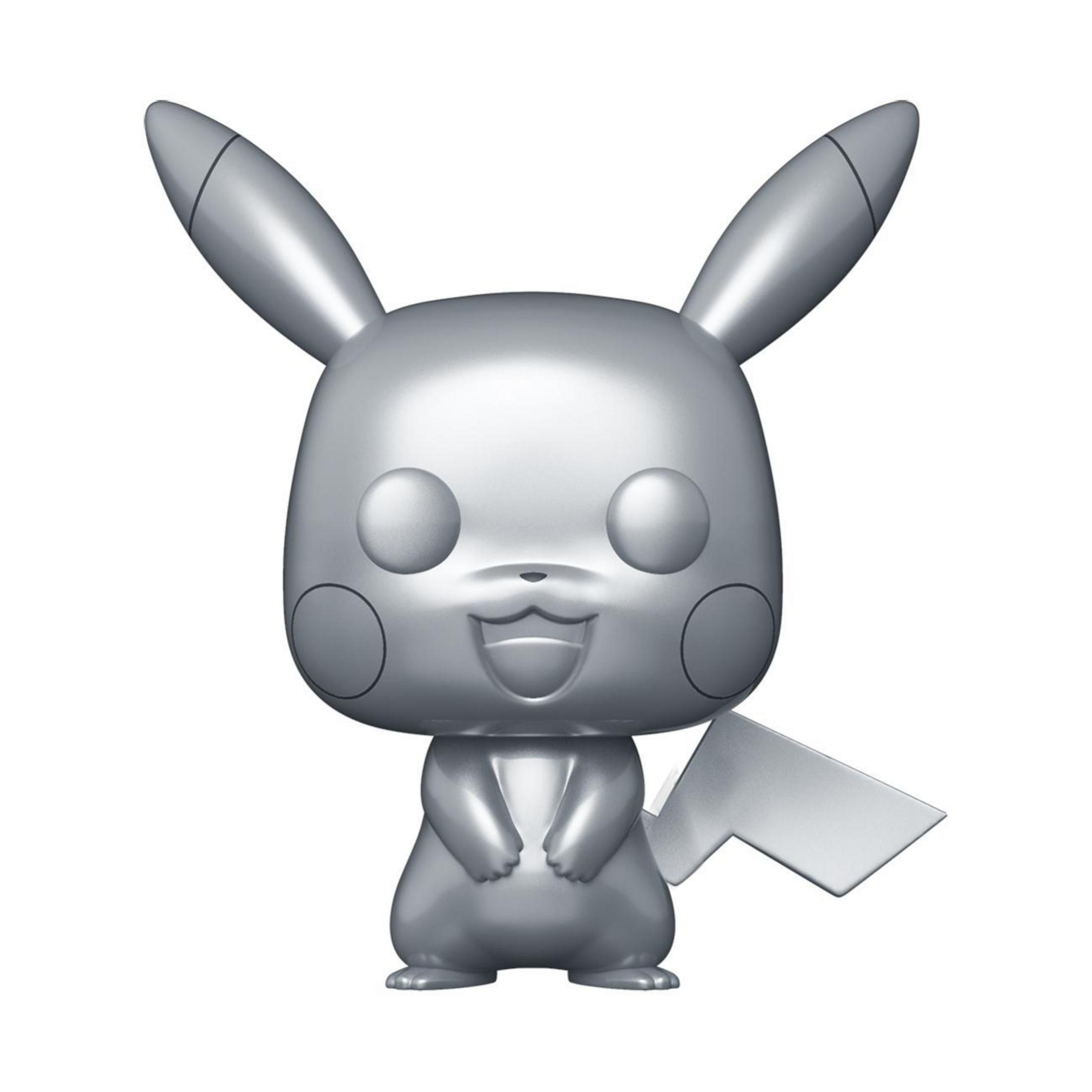 Silberfarbene Pikachu-Figur. Es ist ein stilisiertes Modell mit großem Kopf, kurzen Gliedmaßen und Blitzschwanz.