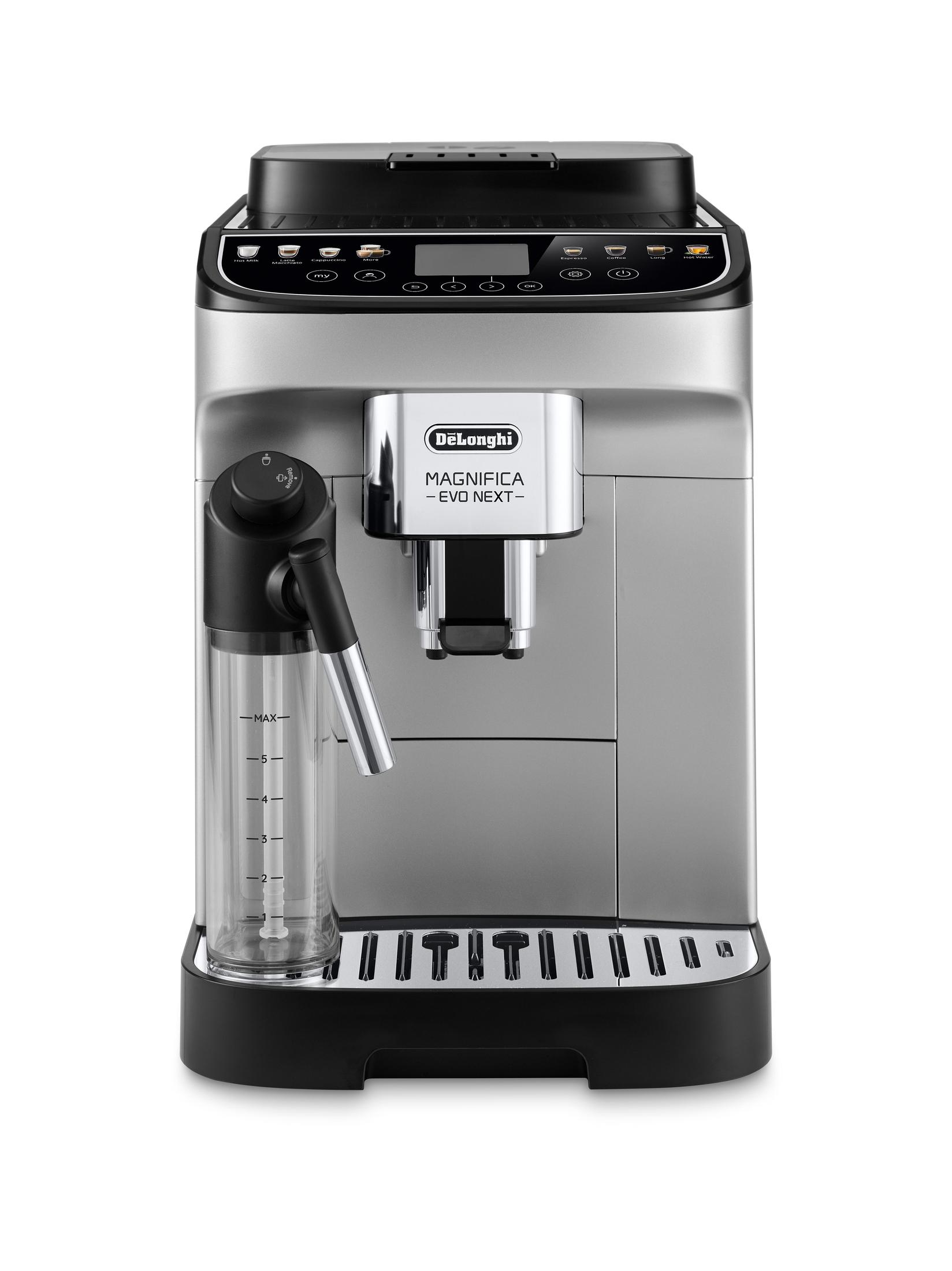 Eine silberne und schwarze DeLonghi Magnifica Evo Next Espressomaschine.