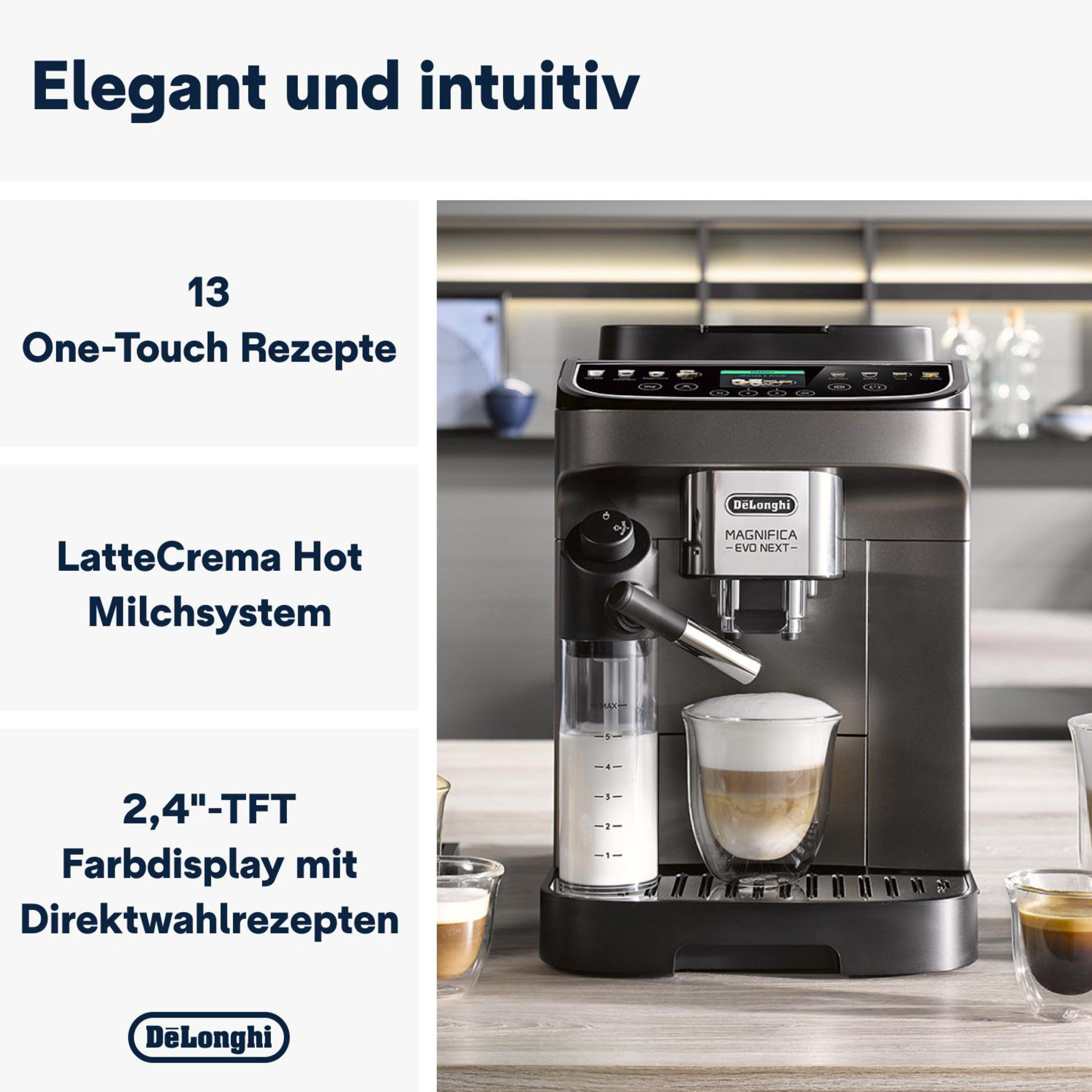 Una macchina da caffè DeLonghi con due bicchieri, una caraffa di vetro e testo in tedesco.