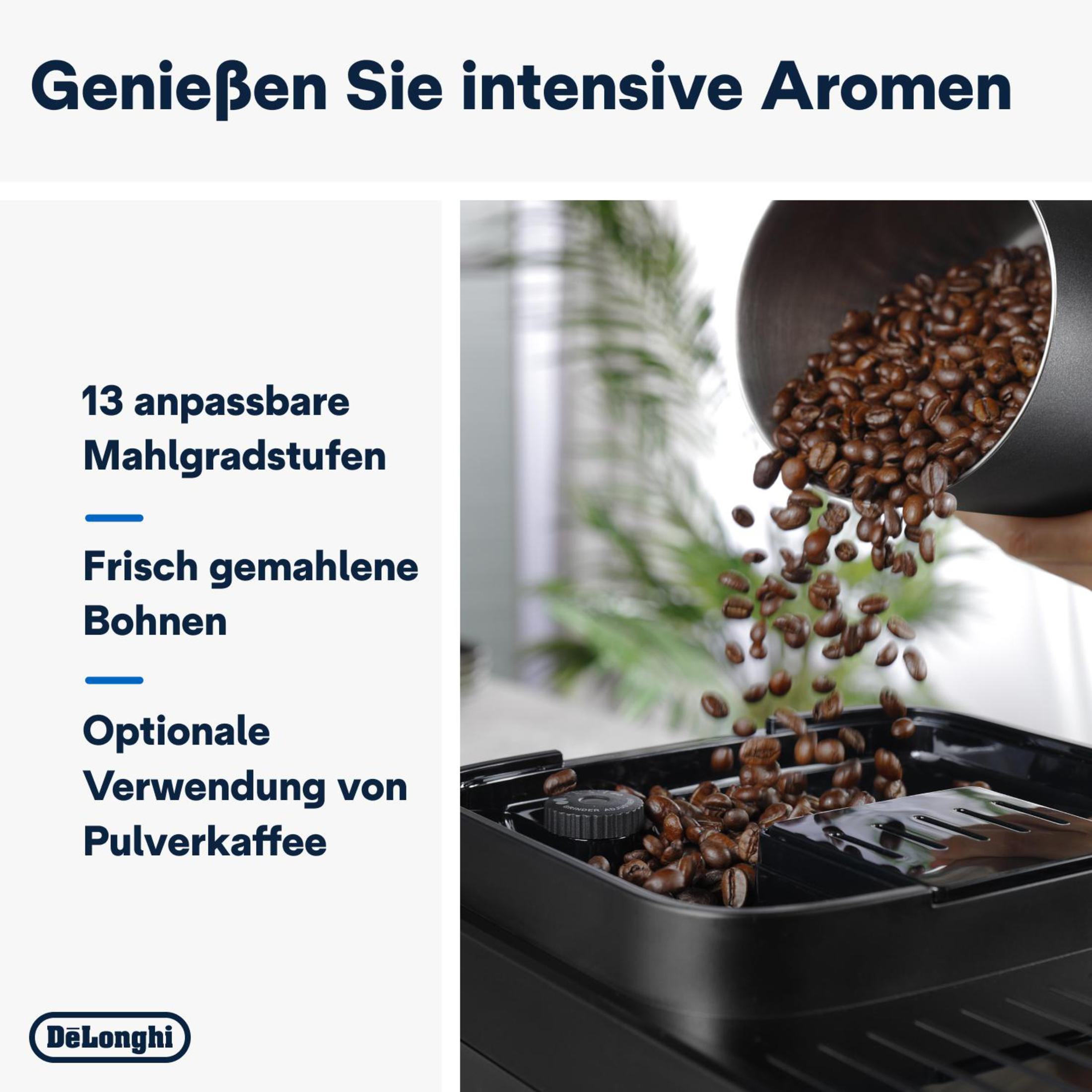 Immagine con chicchi di caffè versati da un contenitore nero in una macchina da caffè.