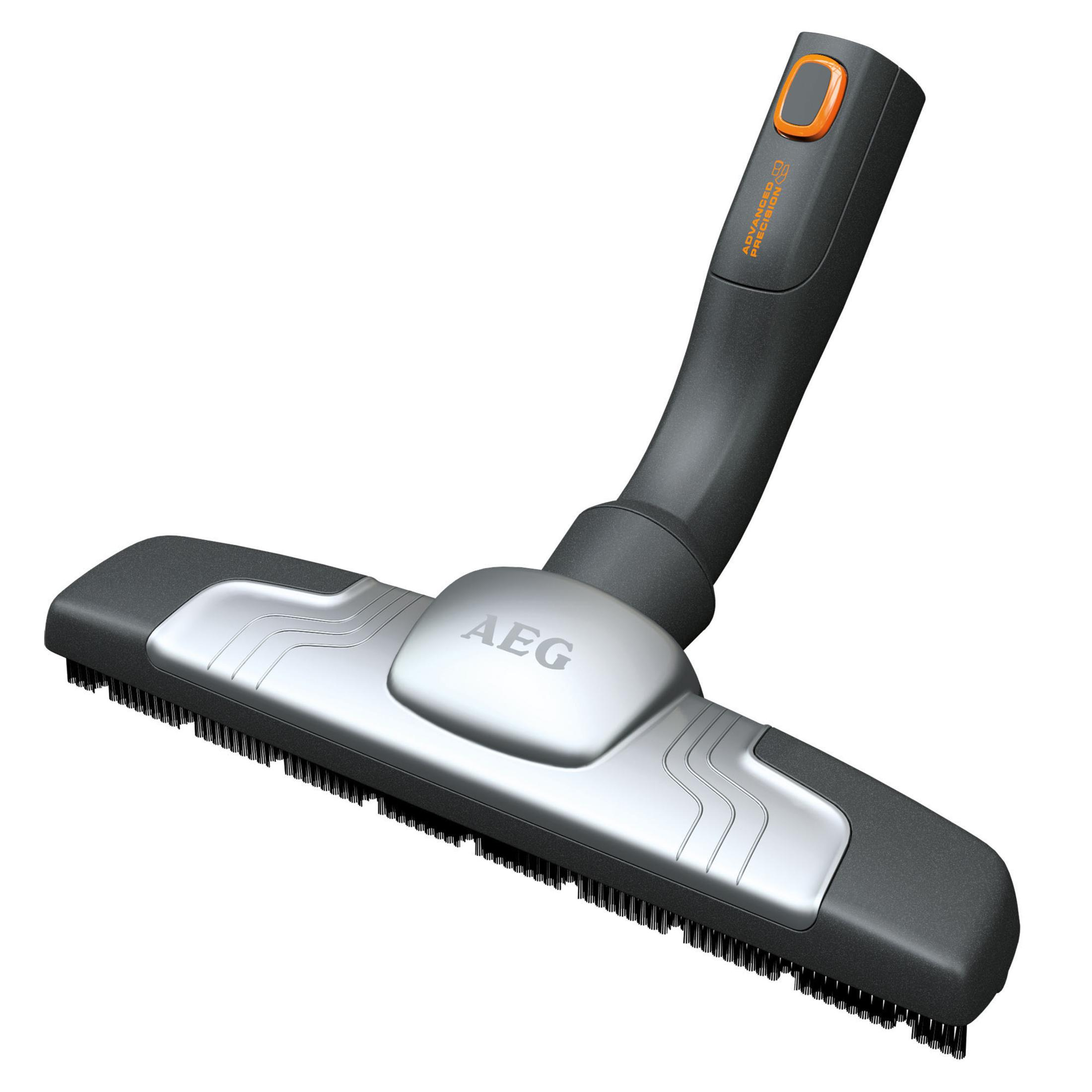 AEG Staubsaugerkopf mit Borsten, gebogenem Griff und orangefarbener Ein-/Aus-Taste.