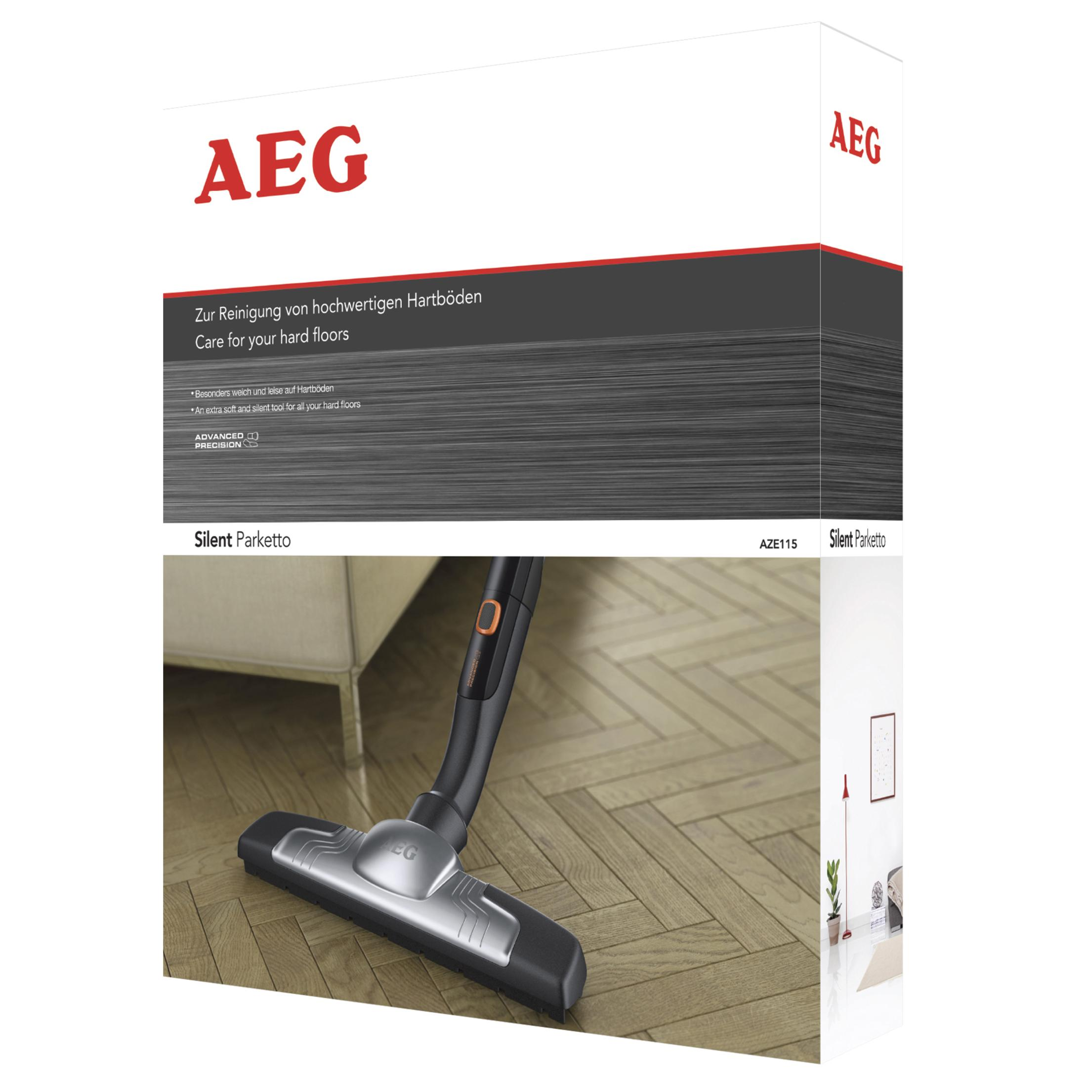 AEG Staubsaugerbox mit Bild eines Staubsaugers auf Holzboden.